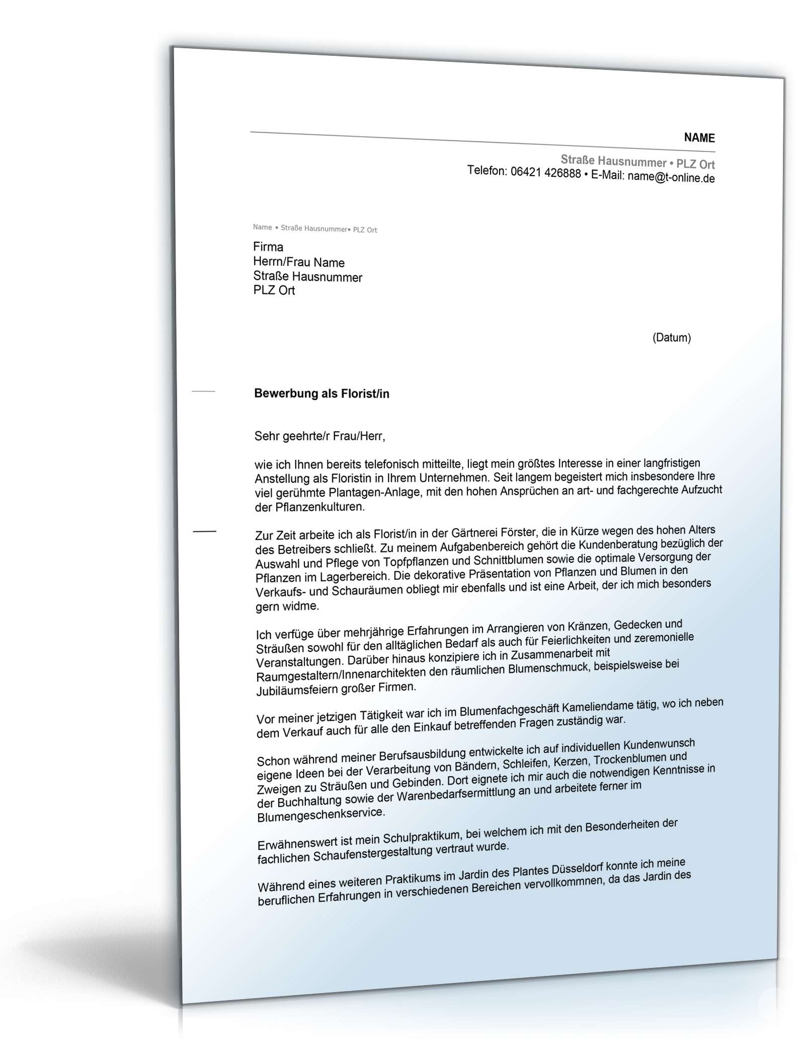 Anschreiben Bewerbung Floristin Excel