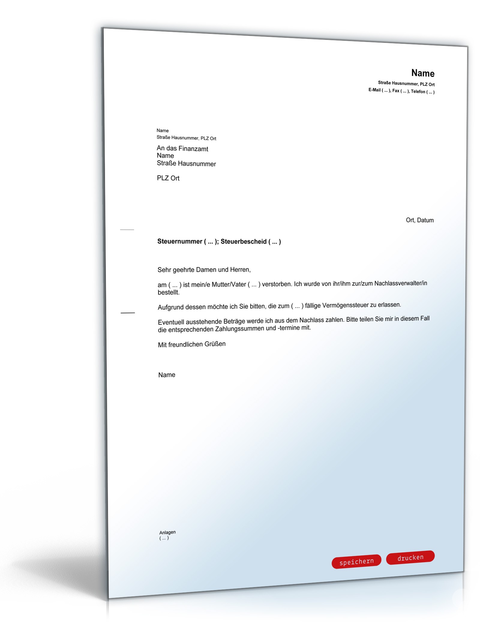 Antrag an das Finanzamt auf Erlass der Vermögensteuer PDF