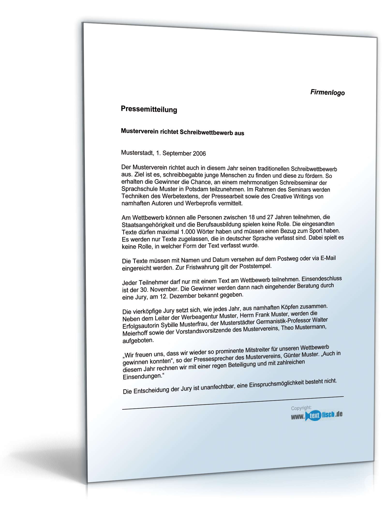 Pressemitteilung Verein über Ausschreibung eines Wettbewerbs