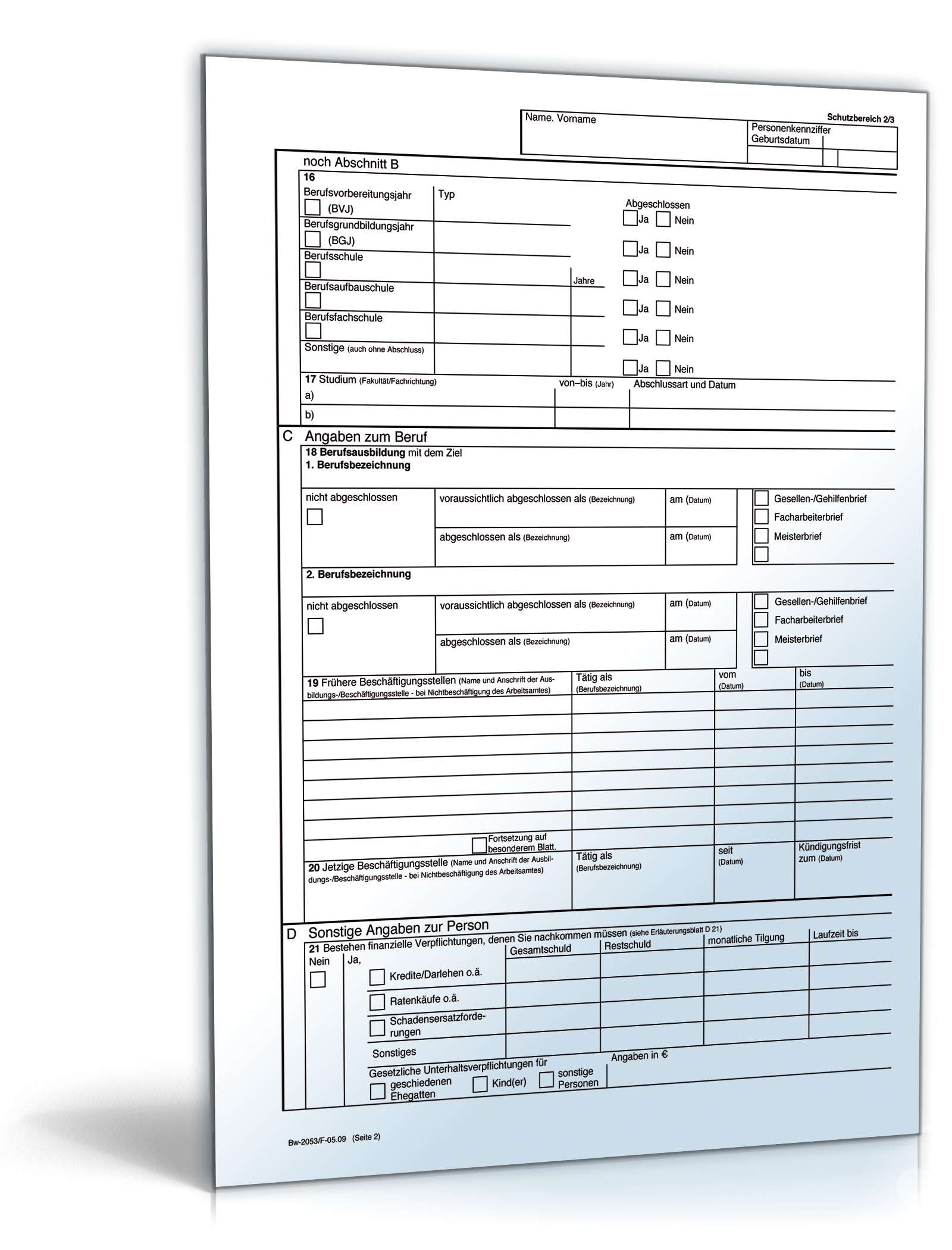 Bewerbungsbogen Freiwilligendienst Bundeswehr (FWD) PDF. Seite: 2