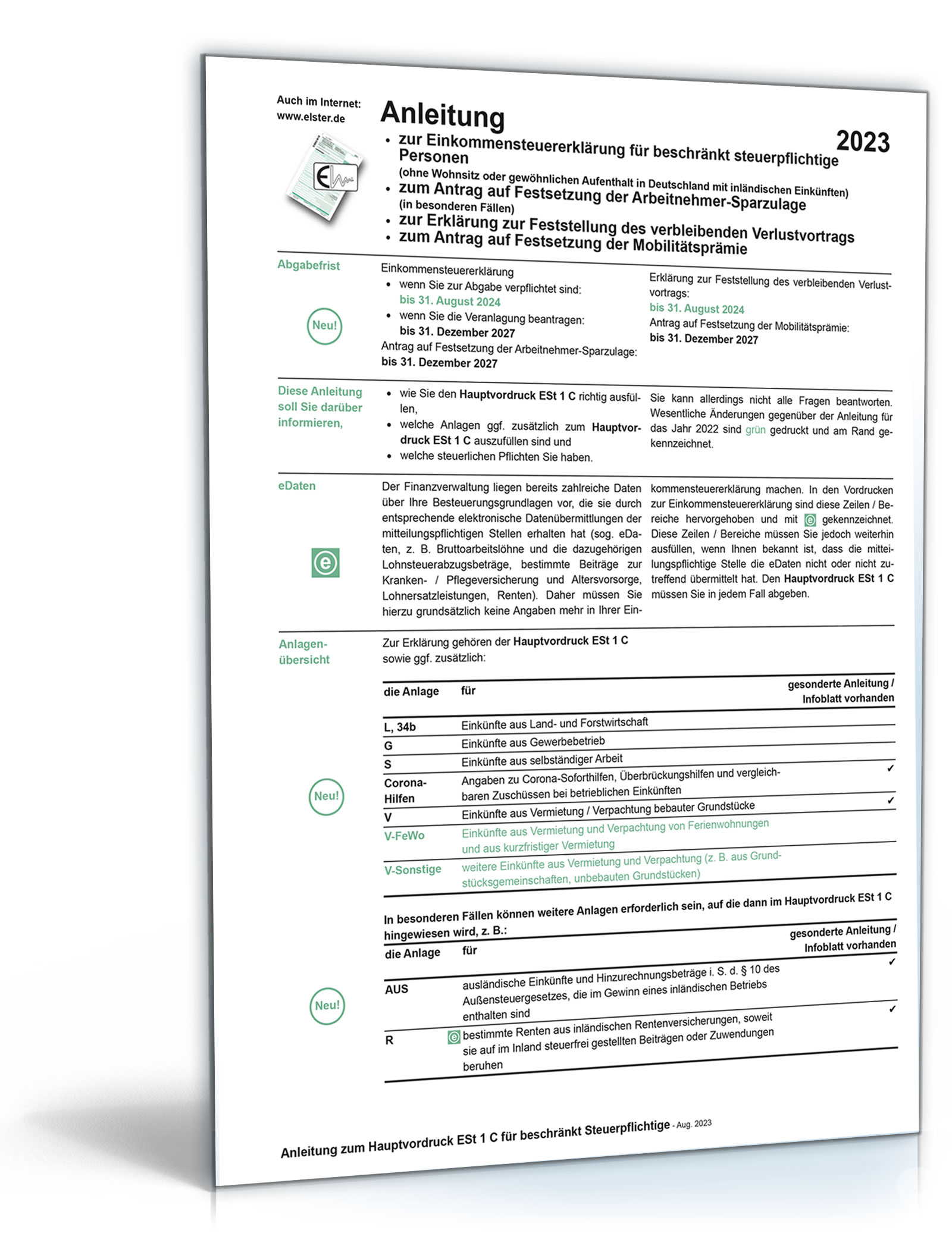 Anleitungen Einkommensteuererklärung 2023  Excel