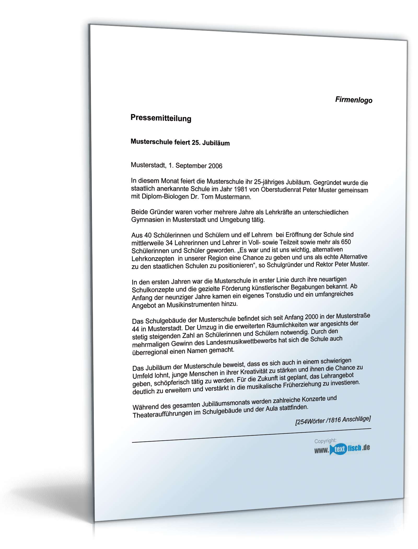 Pressemitteilung Jubiläum einer Schule