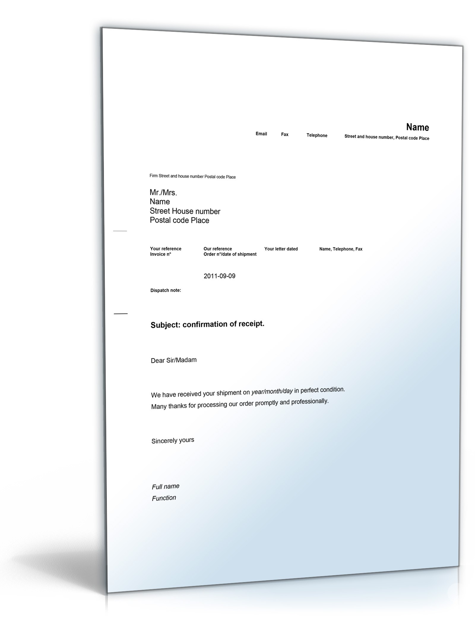 Empfangsbestätigung auf Englisch: Confirmation of receipt Word