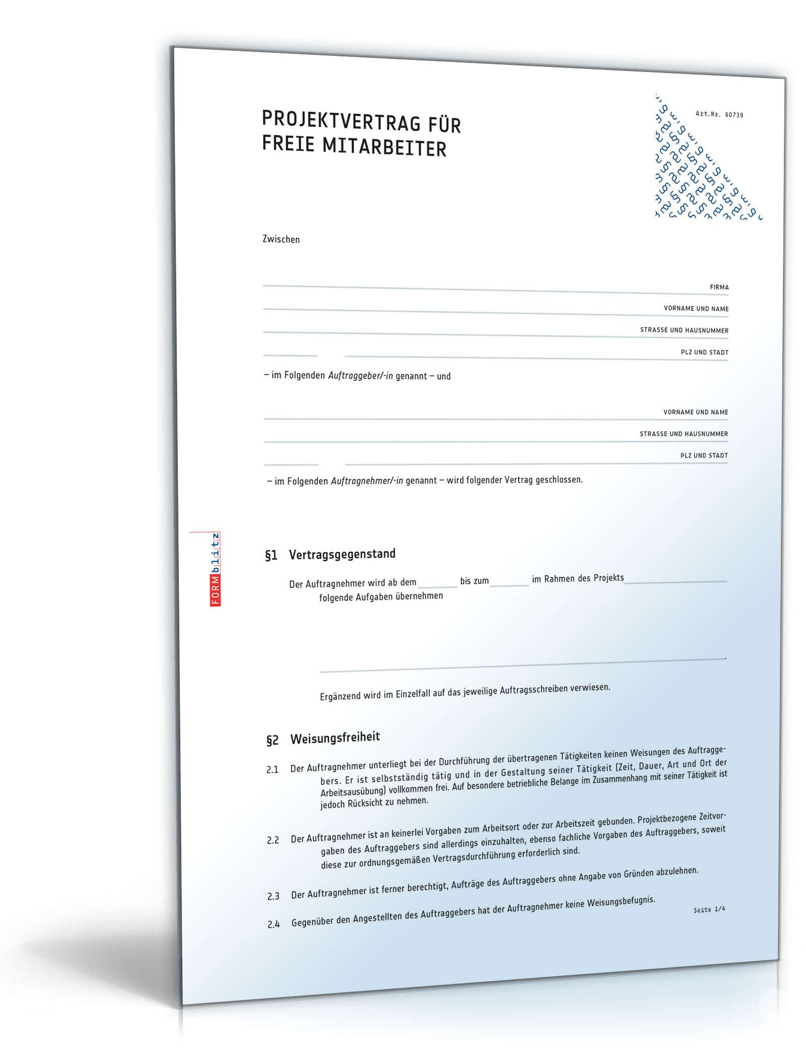Projektvertrag für freie Mitarbeiter PDF