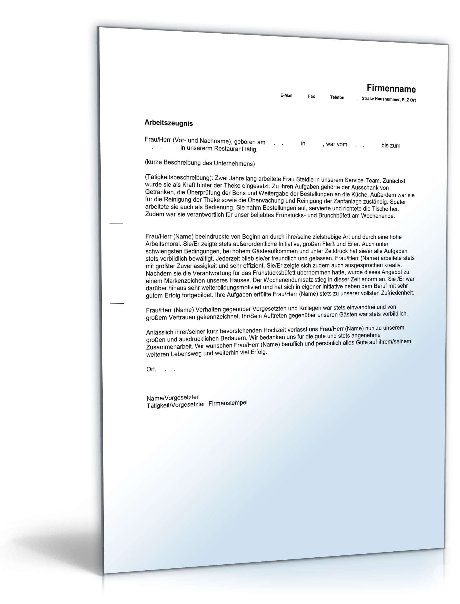 Arbeitszeugnis Fachkraft im Gastgewerbe Excel. Seite: 4