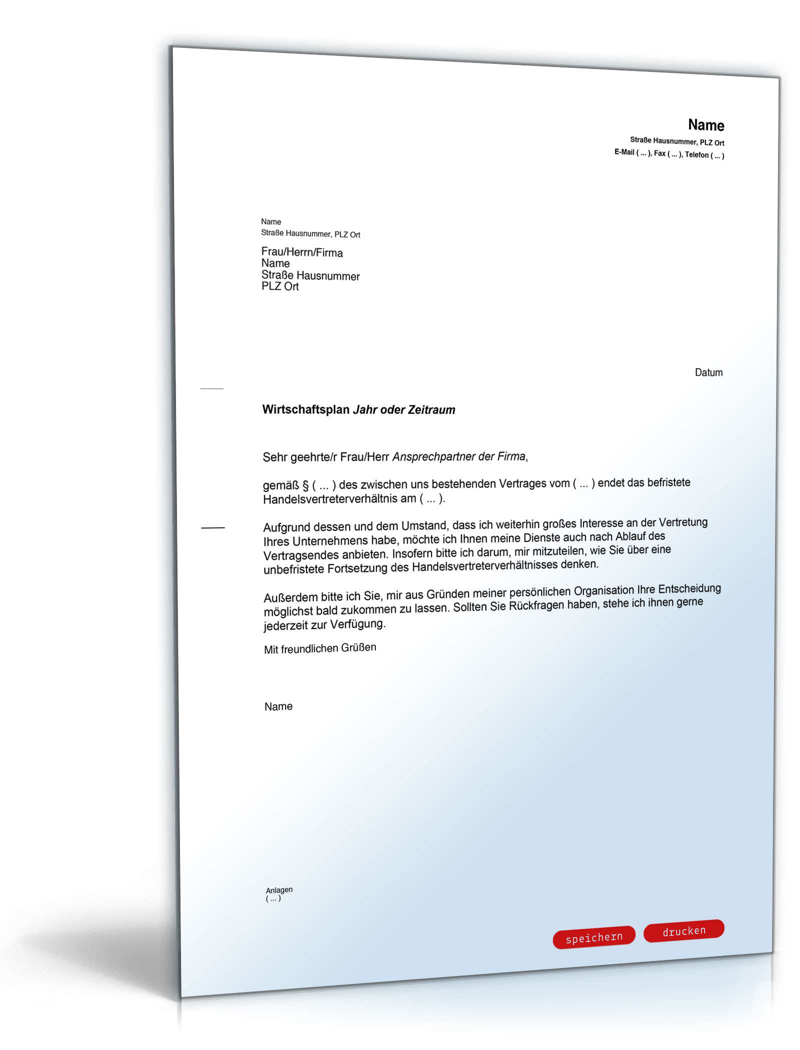 Angebot des Handelsvertreters auf Fortsetzung des Handelvertretervertrages PDF