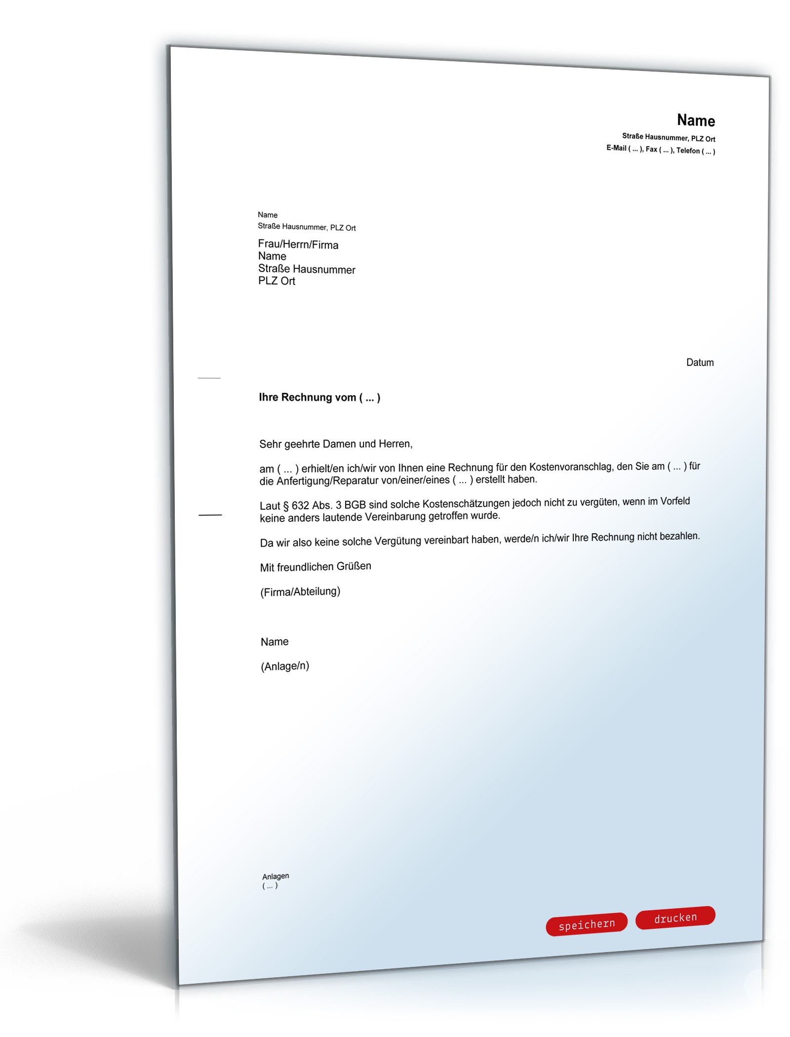 Zurückweisung einer Rechnung für einen Kostenvoranschlag PDF