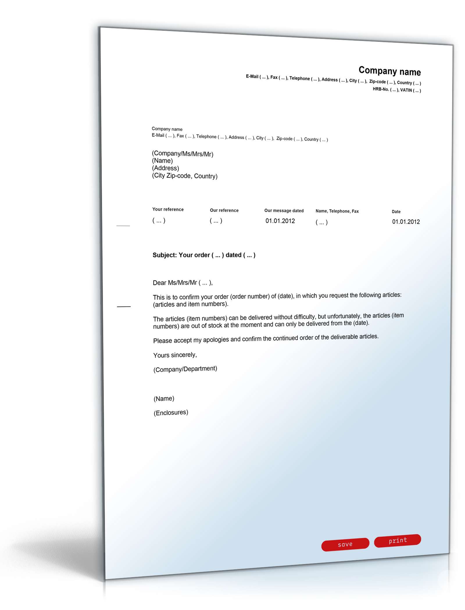 Entschuldigung Nichtlieferbarkeit Artikel Englisch/Deutsch PDF