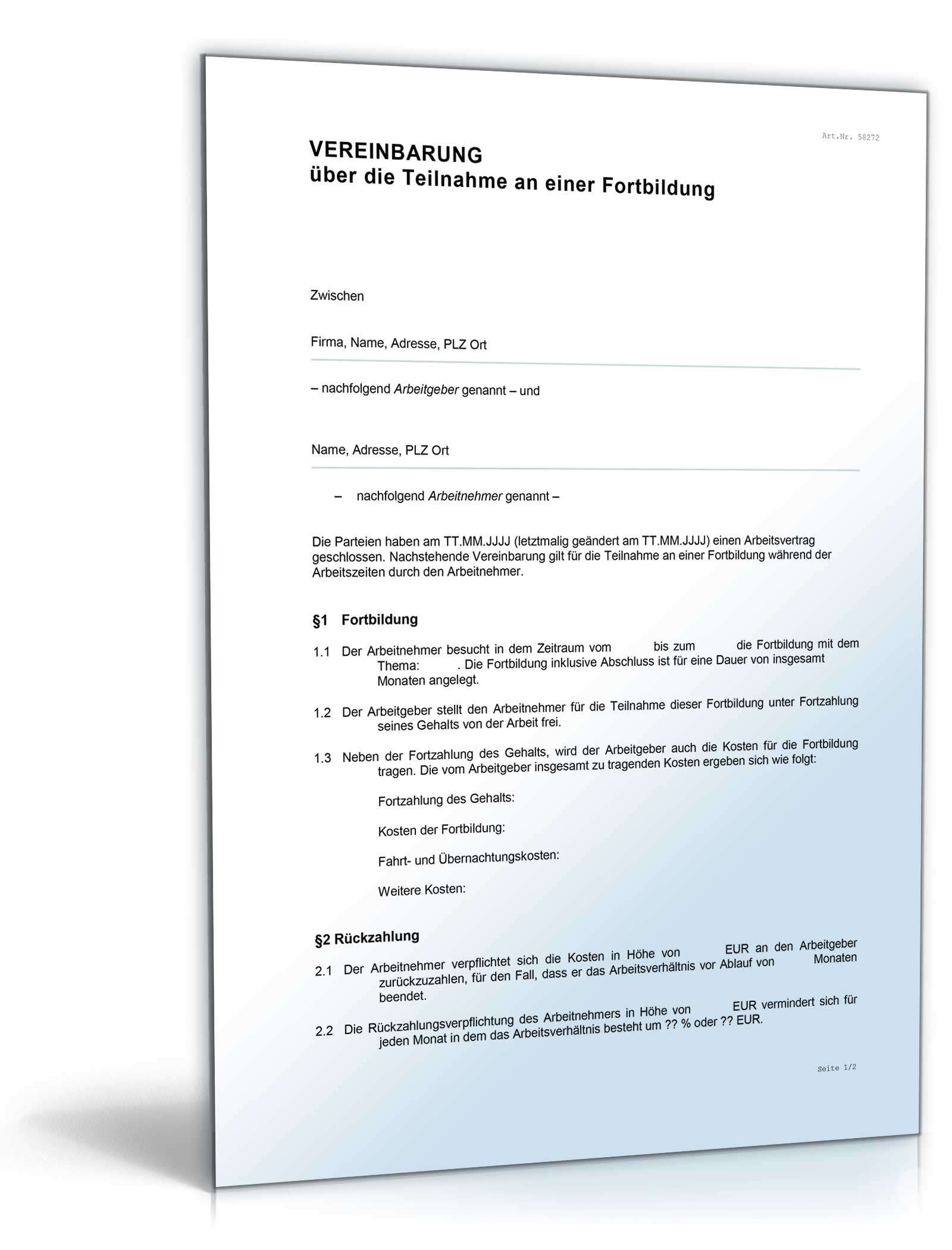 Vereinbarung über die Teilnahme an einer Fortbildung Word. Seite: 2