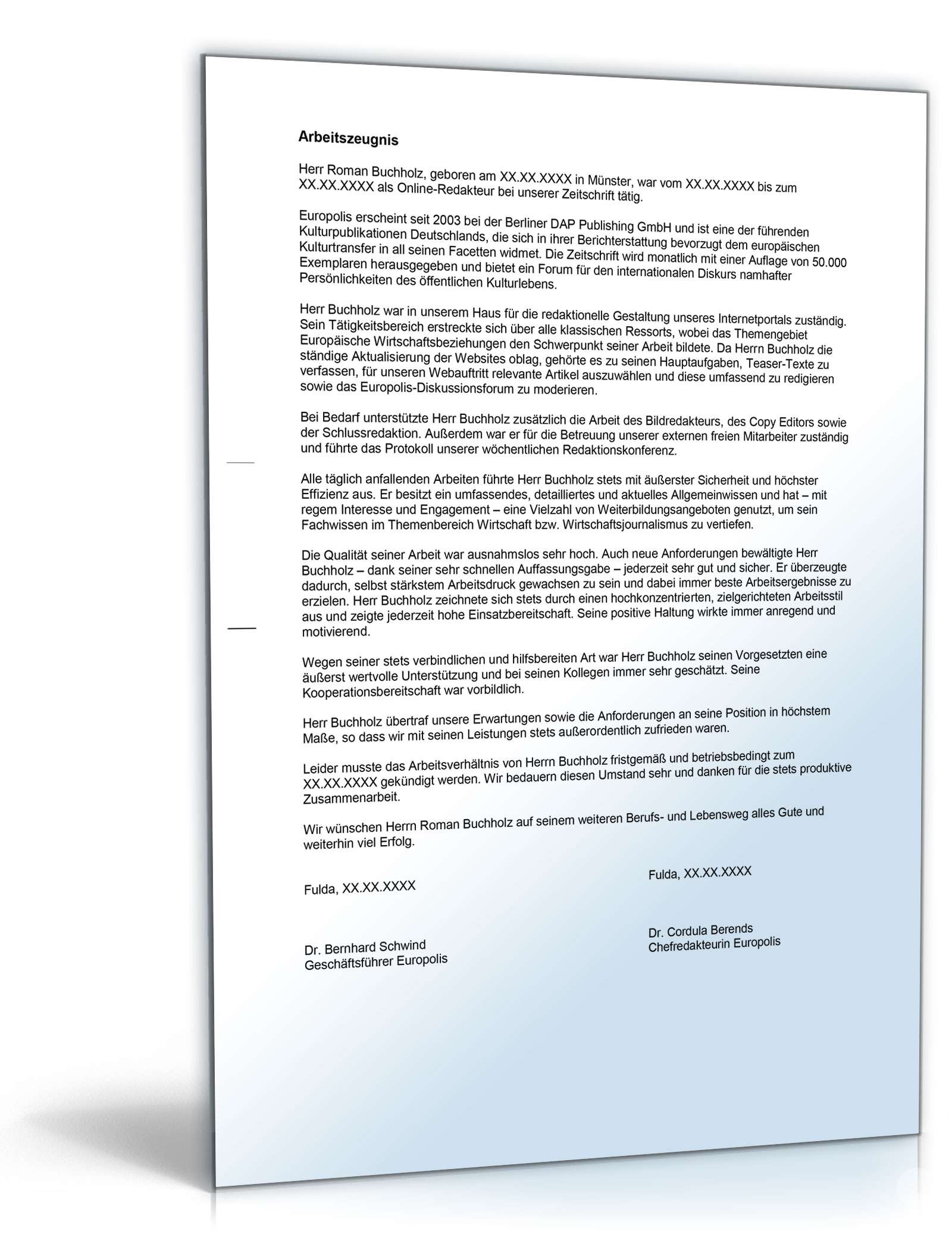 Arbeitszeugnis Online-Redakteur Excel. Seite: 3