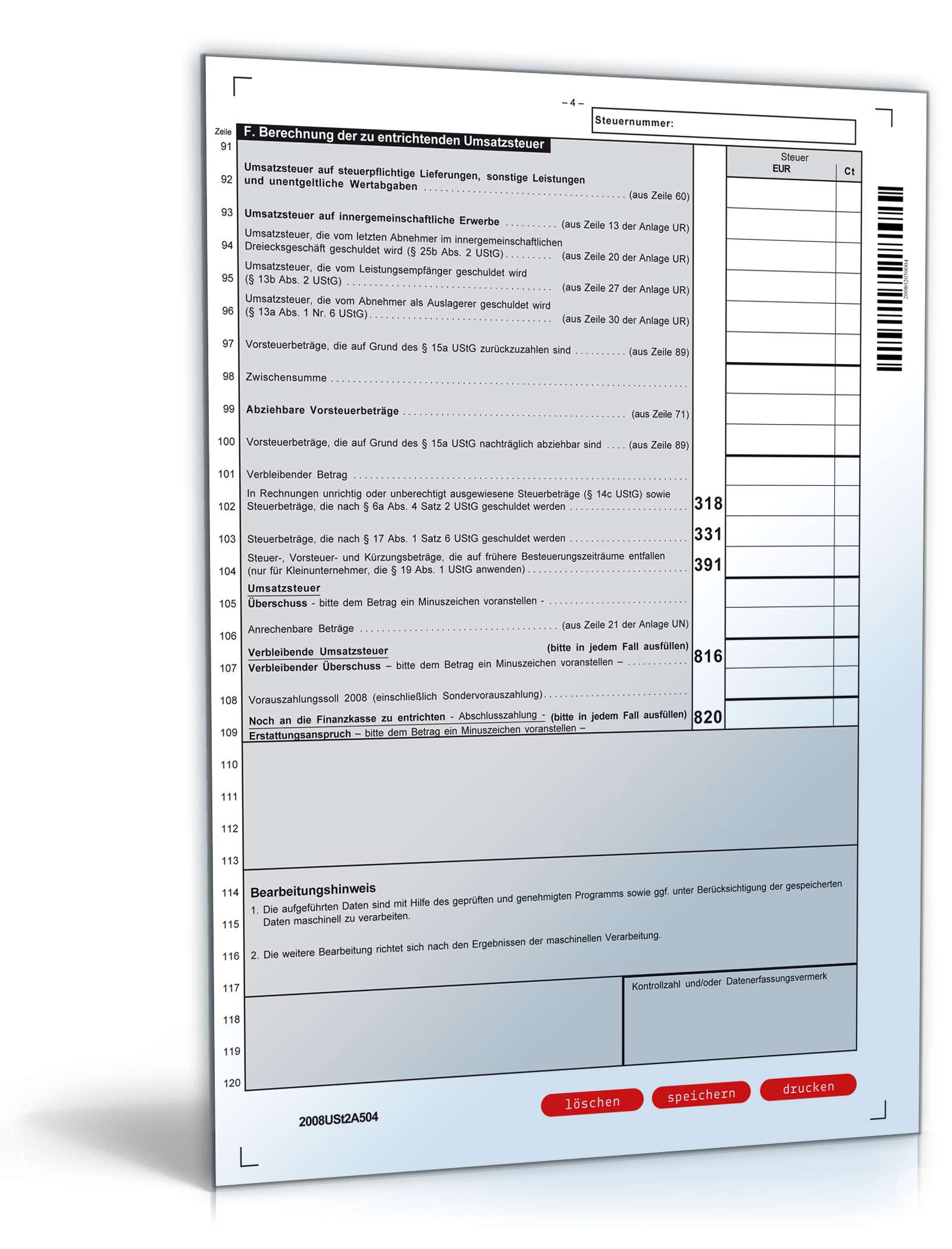 Hauptbogen Umsatzsteuererklärung 2008 PDF. Seite: 4