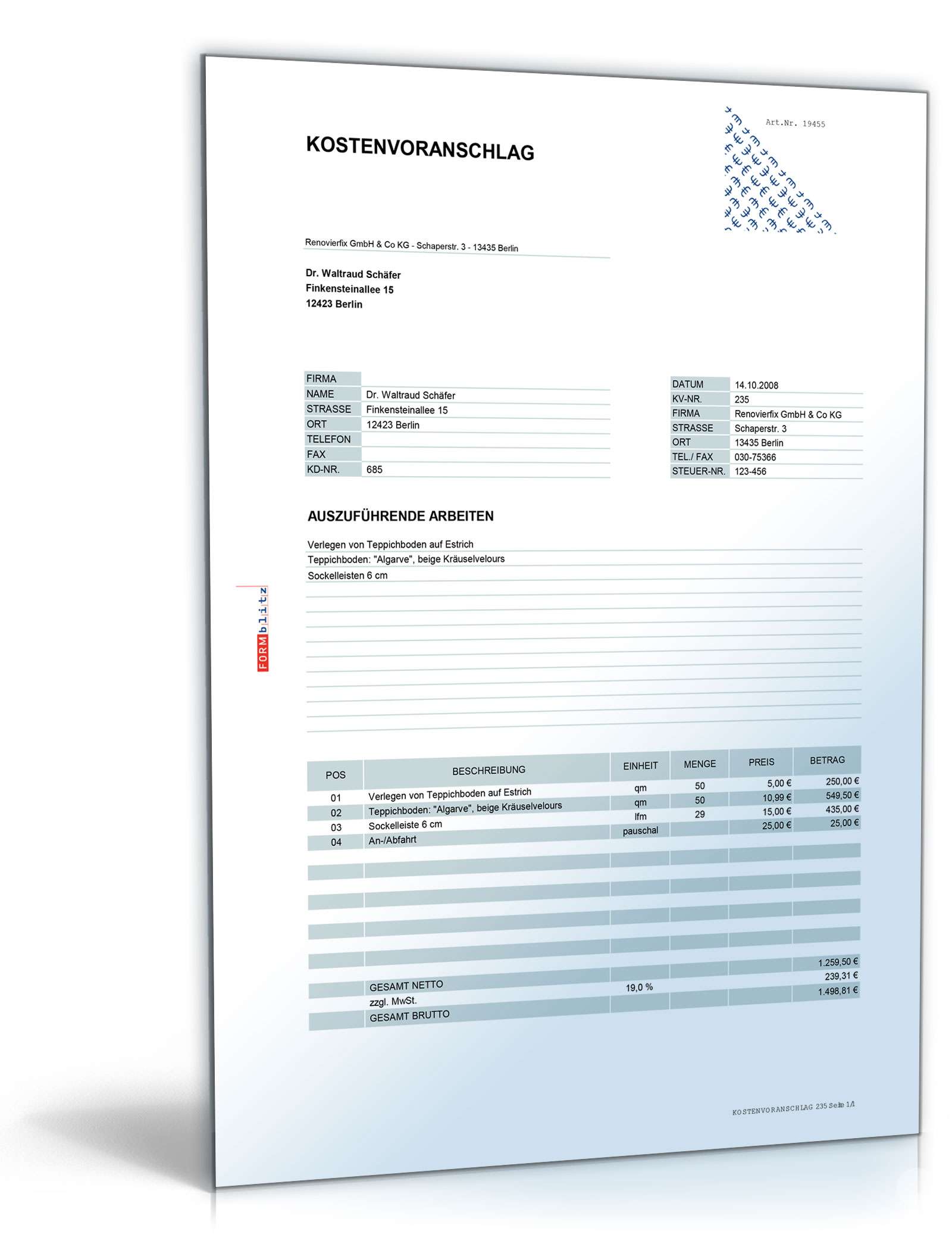Kostenvoranschlag Verlegung von Bodenbelägen Excel