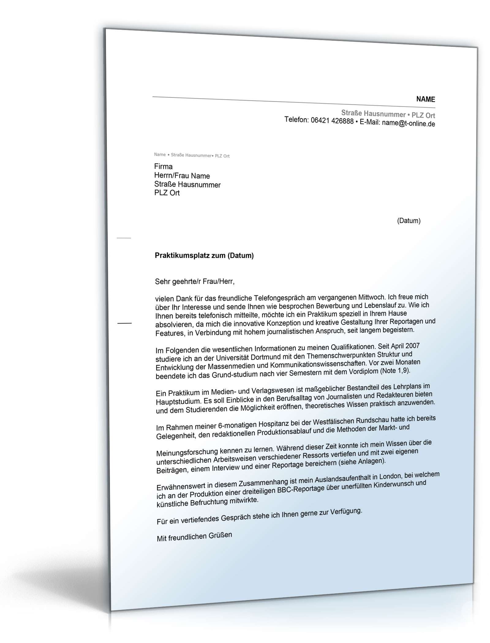 Anschreiben Praktikum für Studenten Excel