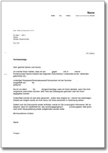 Verlustanzeige Dokumente Word