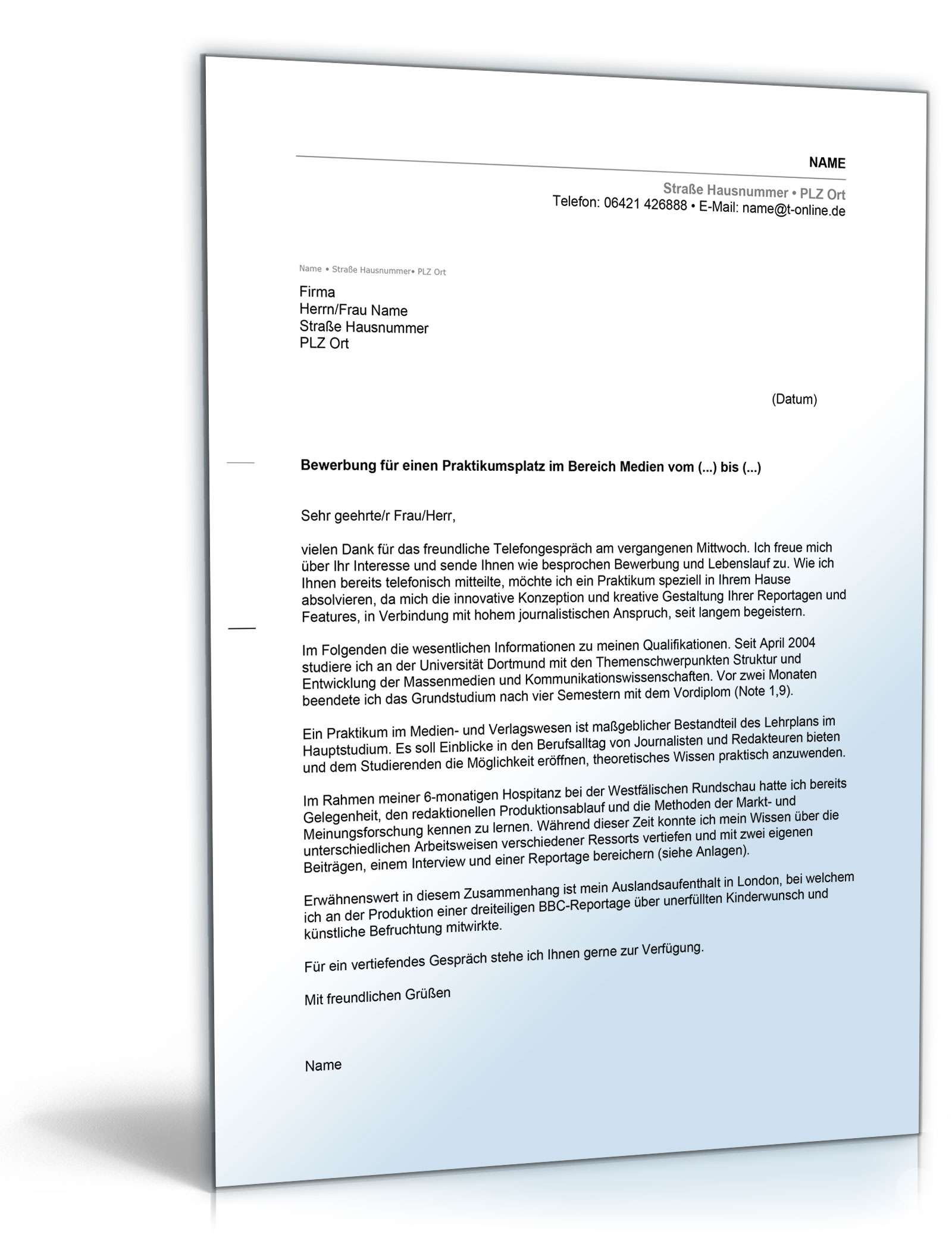 Anschreiben Bewerbung Praktikum Medienbranche Excel