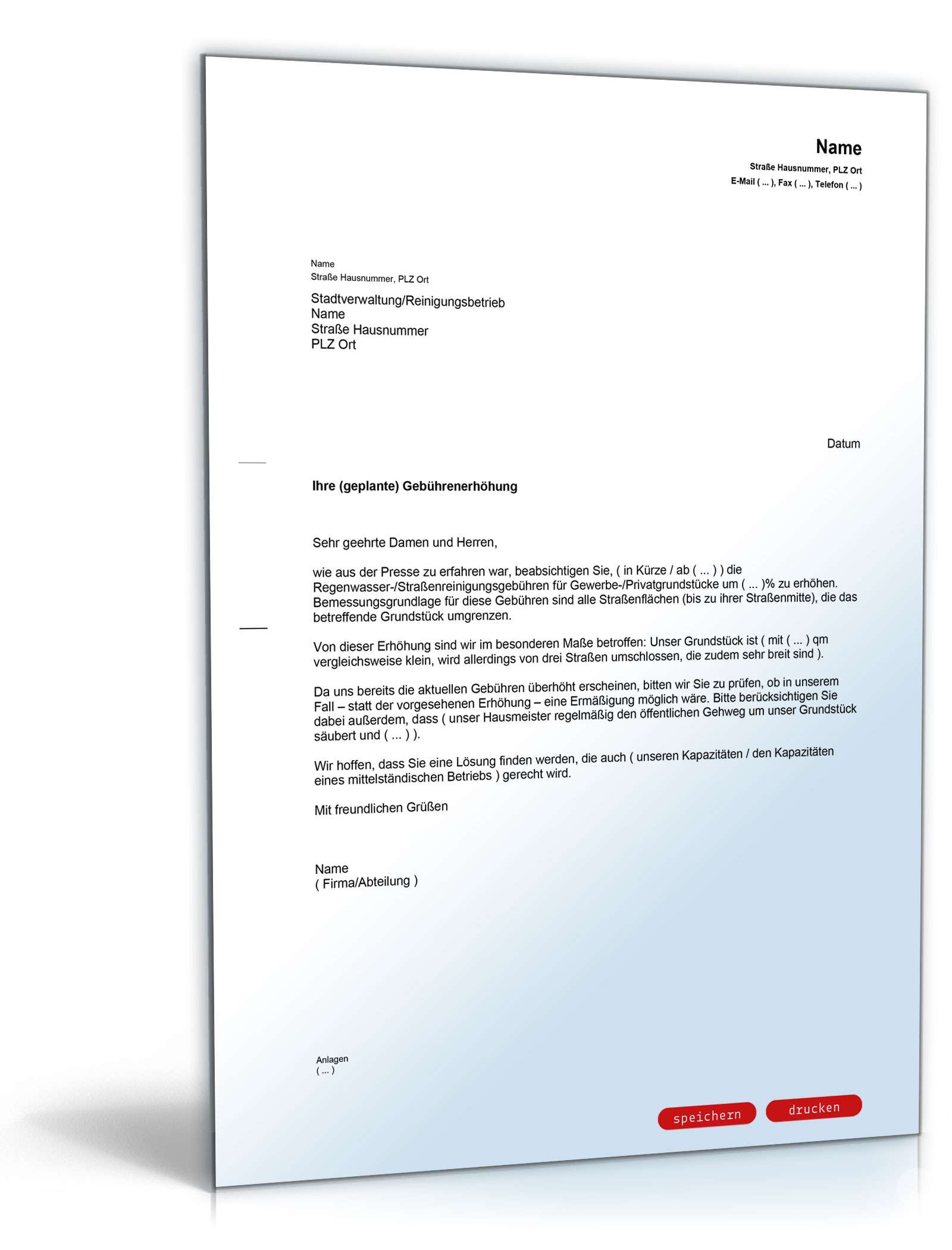 Schreiben an die Gemeinde wegen zu hoher Straßenreinigungsgebühren PDF