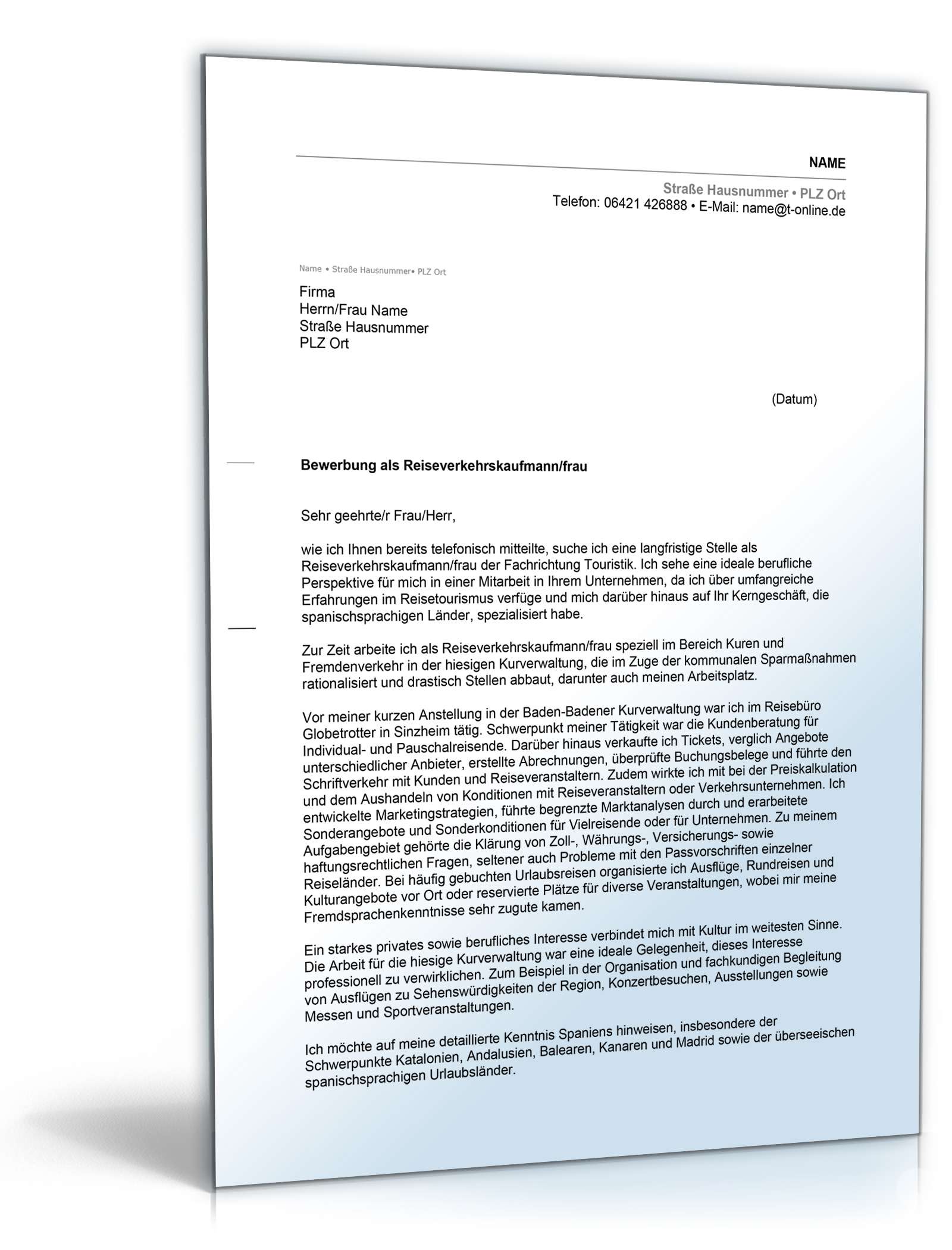 Anschreiben Bewerbung Reiseverkehrskauffrau Excel