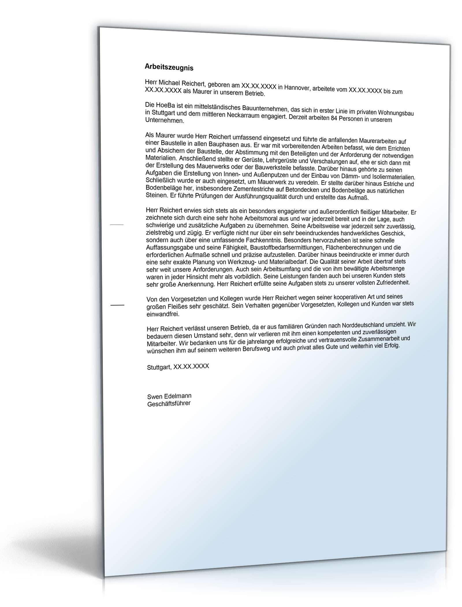 Arbeitszeugnis Maurer Excel. Seite: 3