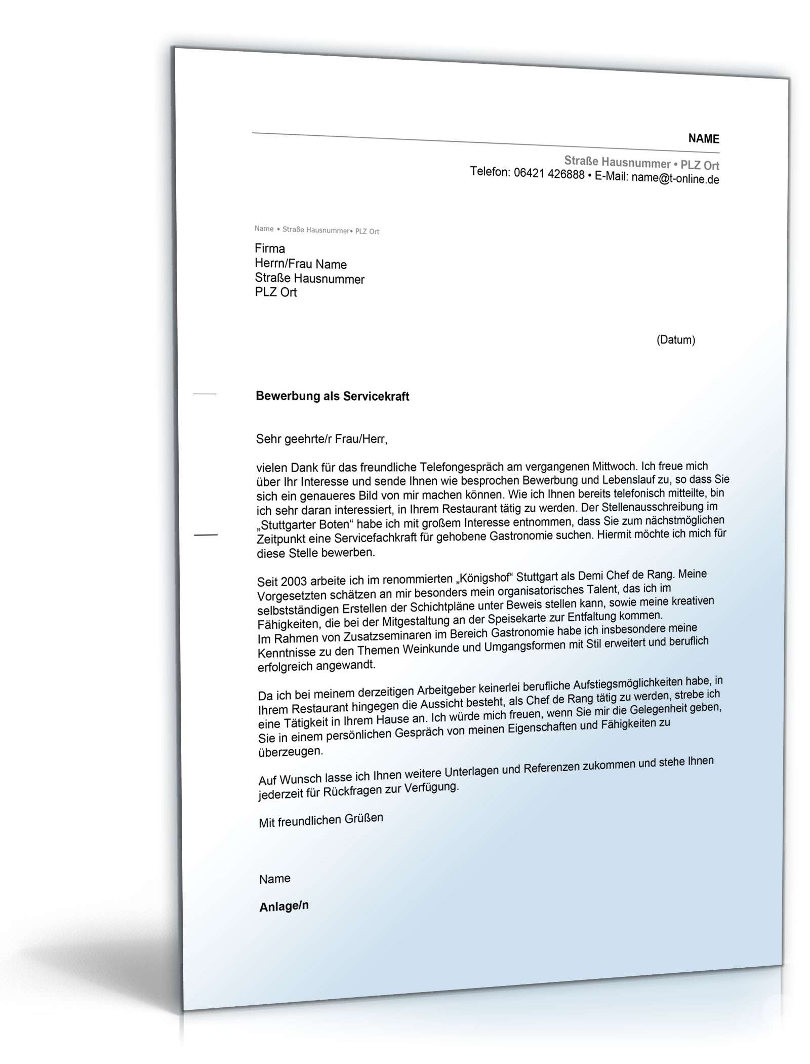 Anschreiben Bewerbung Servicekraft Gastronomie Excel