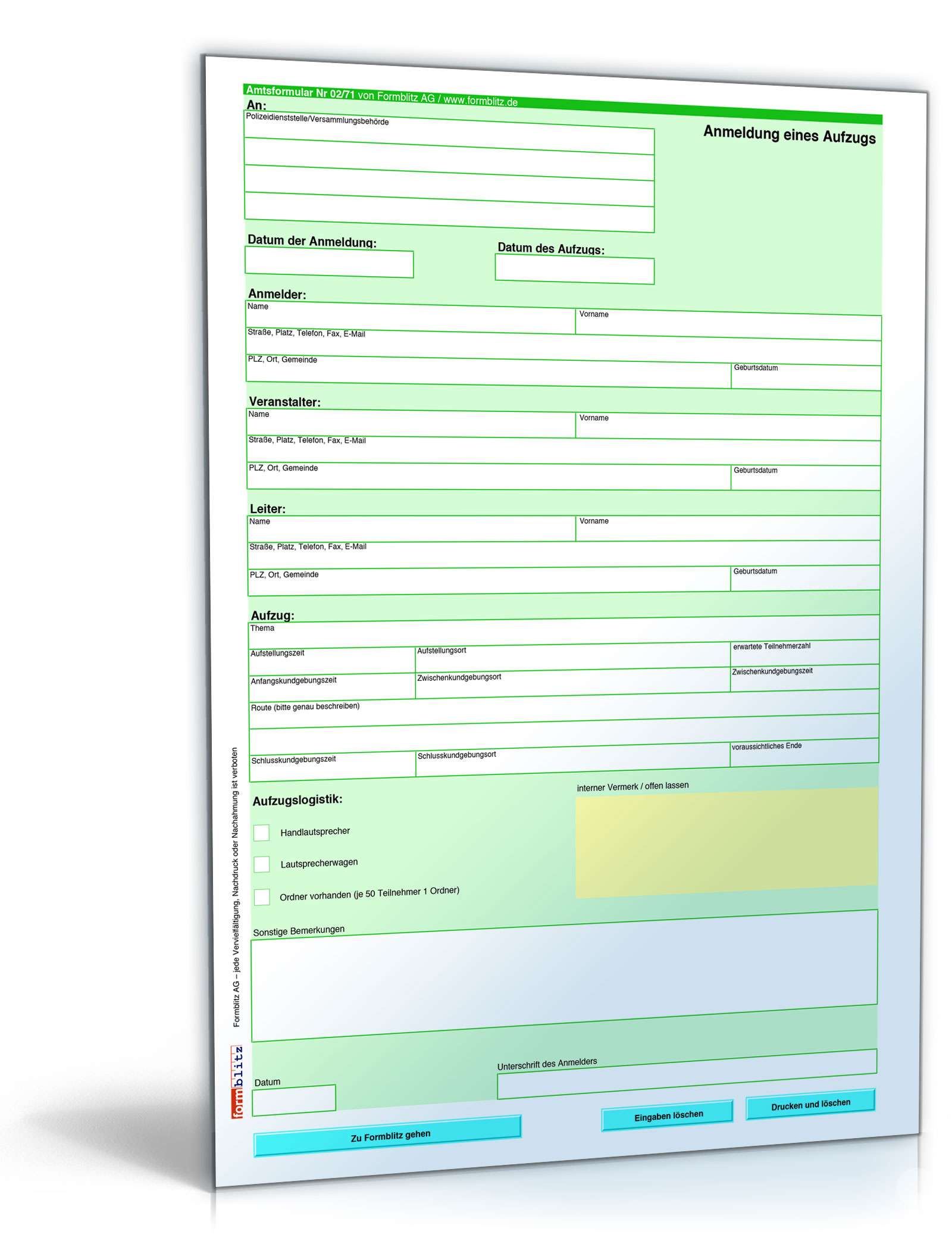 Anmeldung für einen Demonstrationsaufzug PDF
