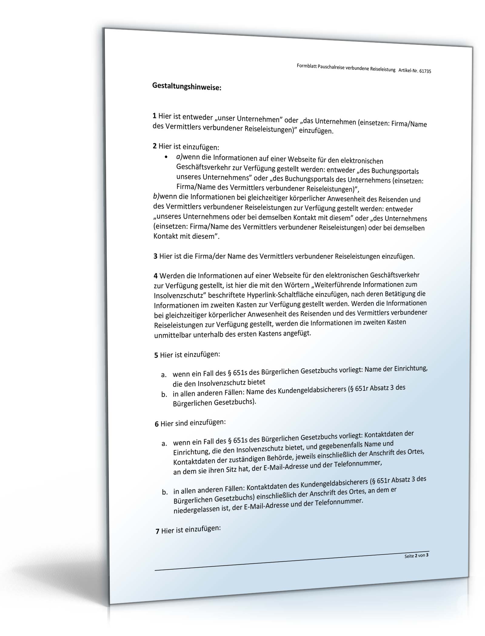 Formblatt Vermittlung verbundene Reiseleistungen § 651w Absatz 1 Satz 1 Nummer 1 BGB Word. Seite: 2