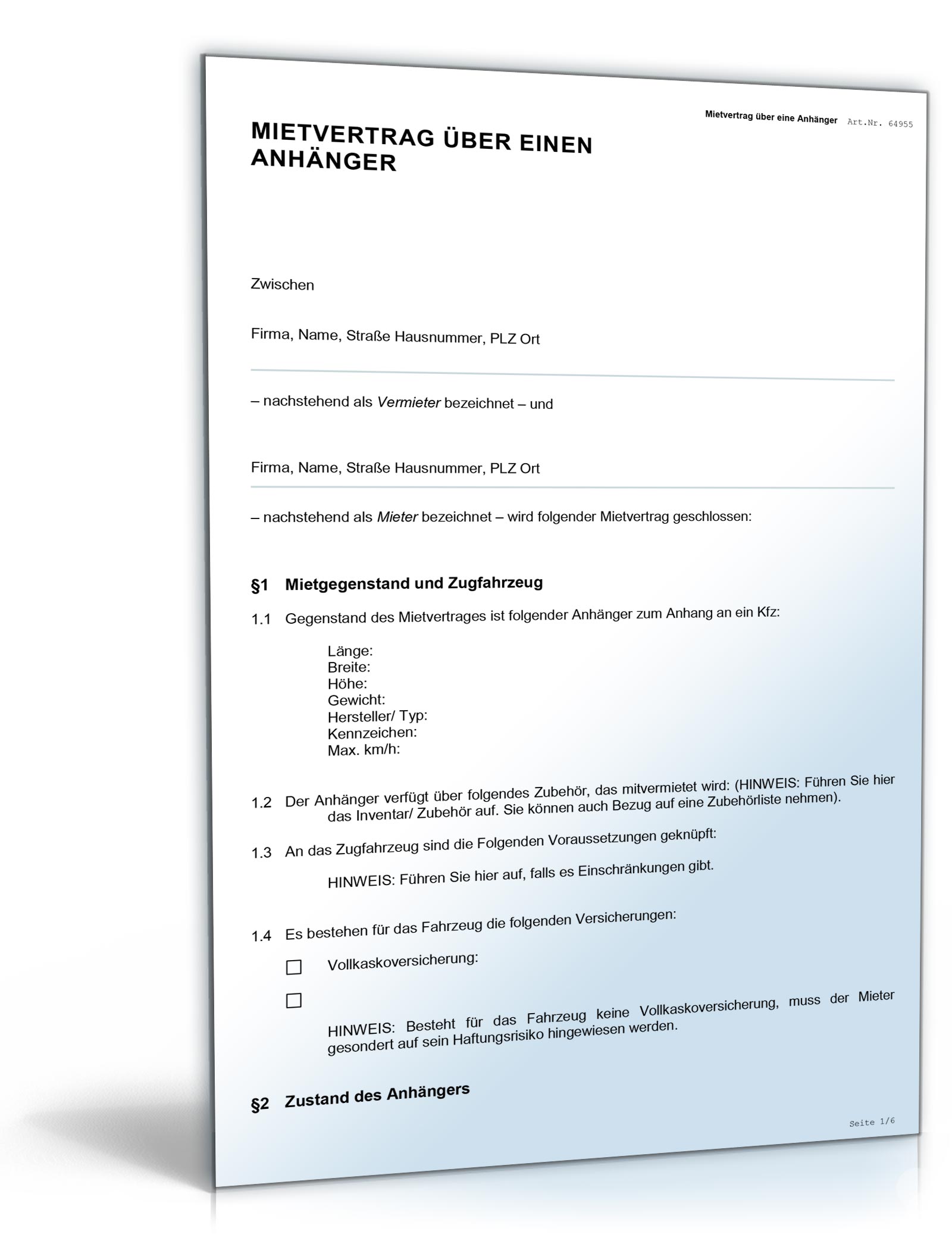 Mietvertrag Anhänger PDF