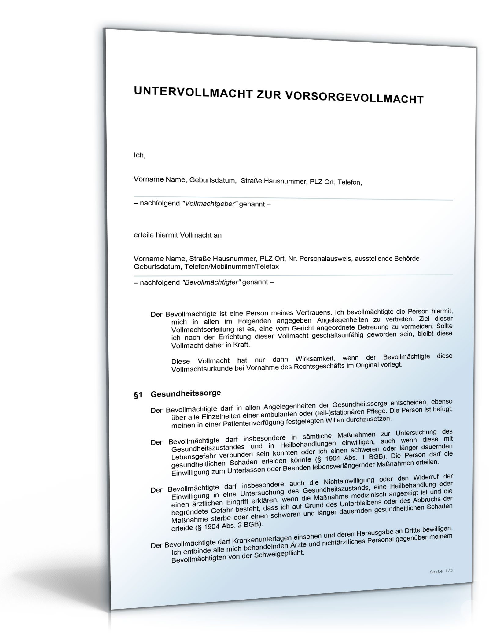 Untervollmacht zur Vorsorgevollmacht Word