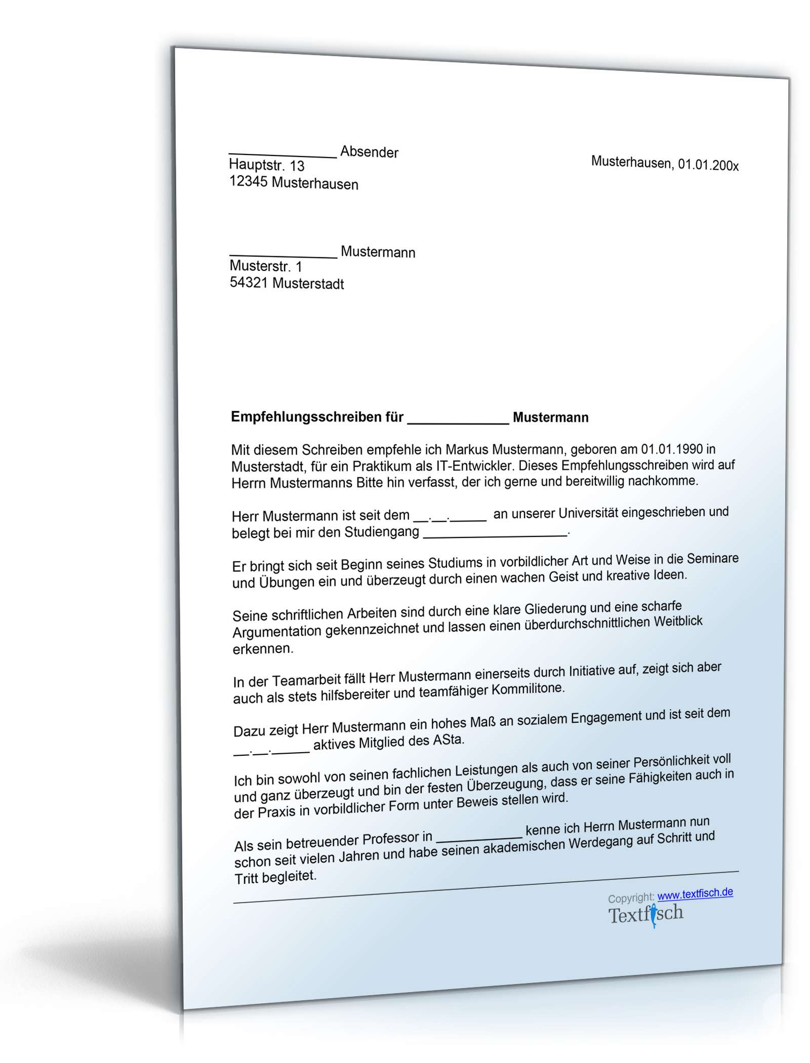 Empfehlung eines Studenten für ein Praktikum Word