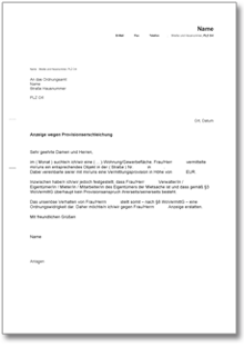 Anzeige eines Wohnungsvermittlers bzw. Maklers wegen Provisionserschleichung Word