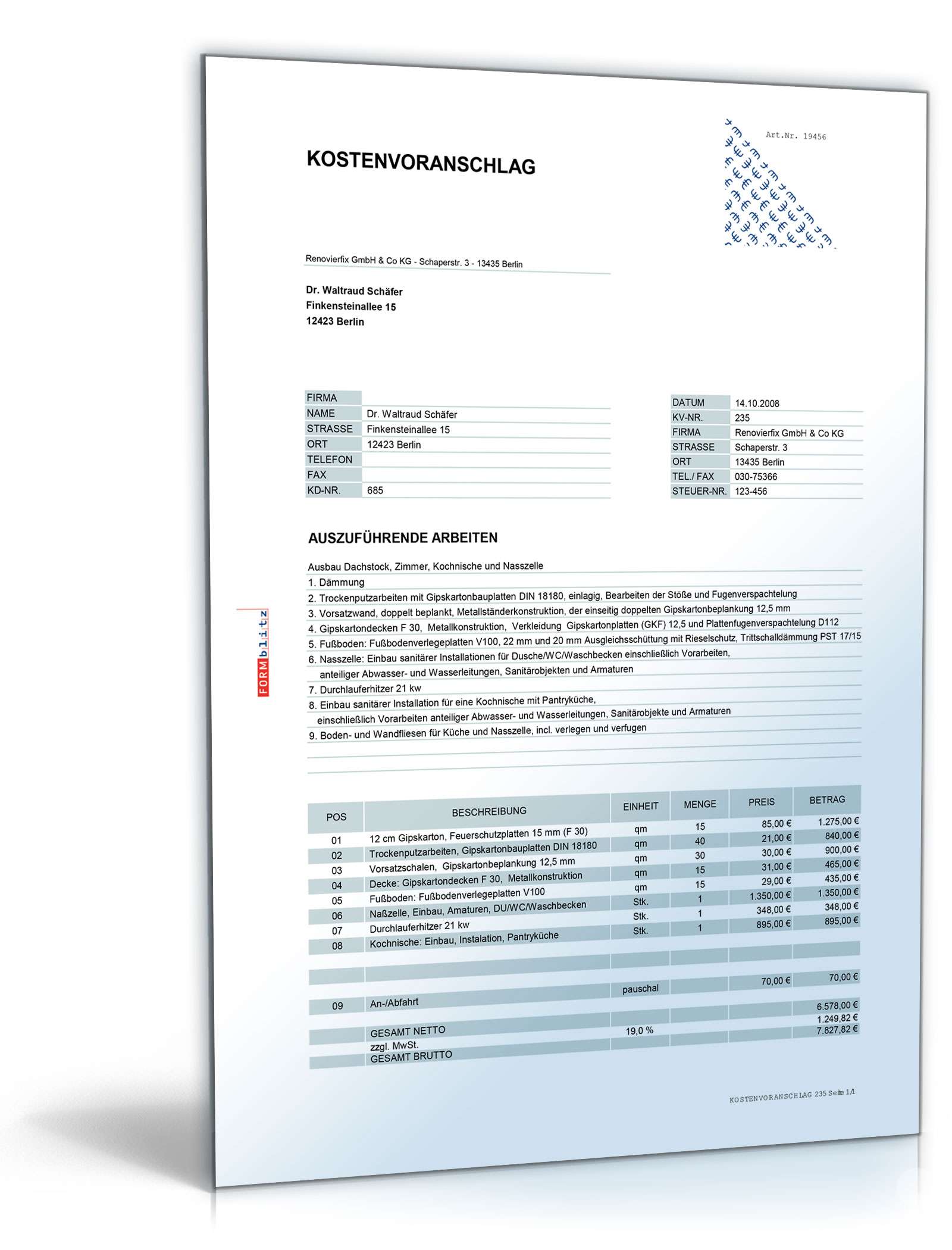 Kostenvoranschlag Umbau- und Ausbauarbeiten Excel