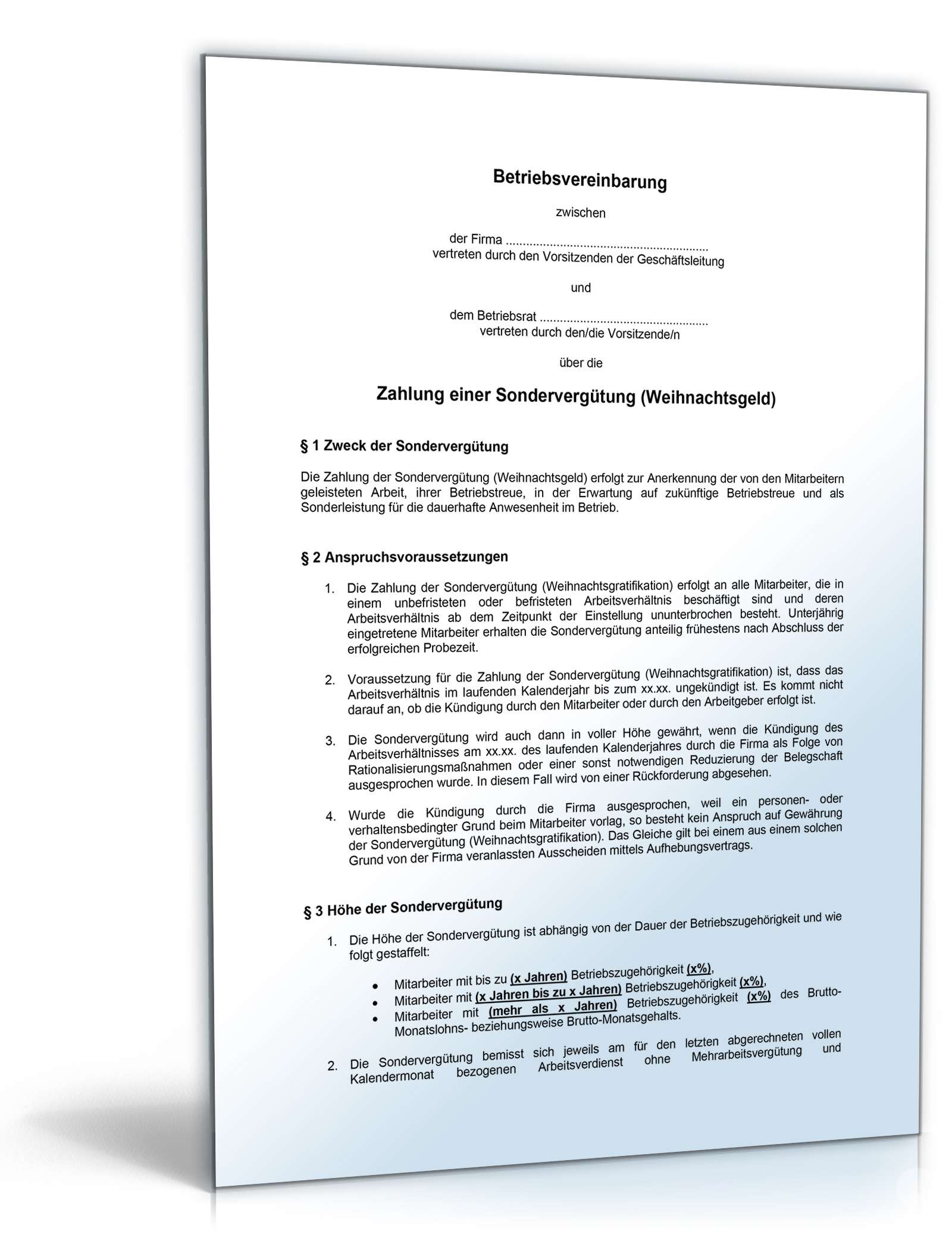Betriebsvereinbarung Zahlung einer Sondervergütung PDF