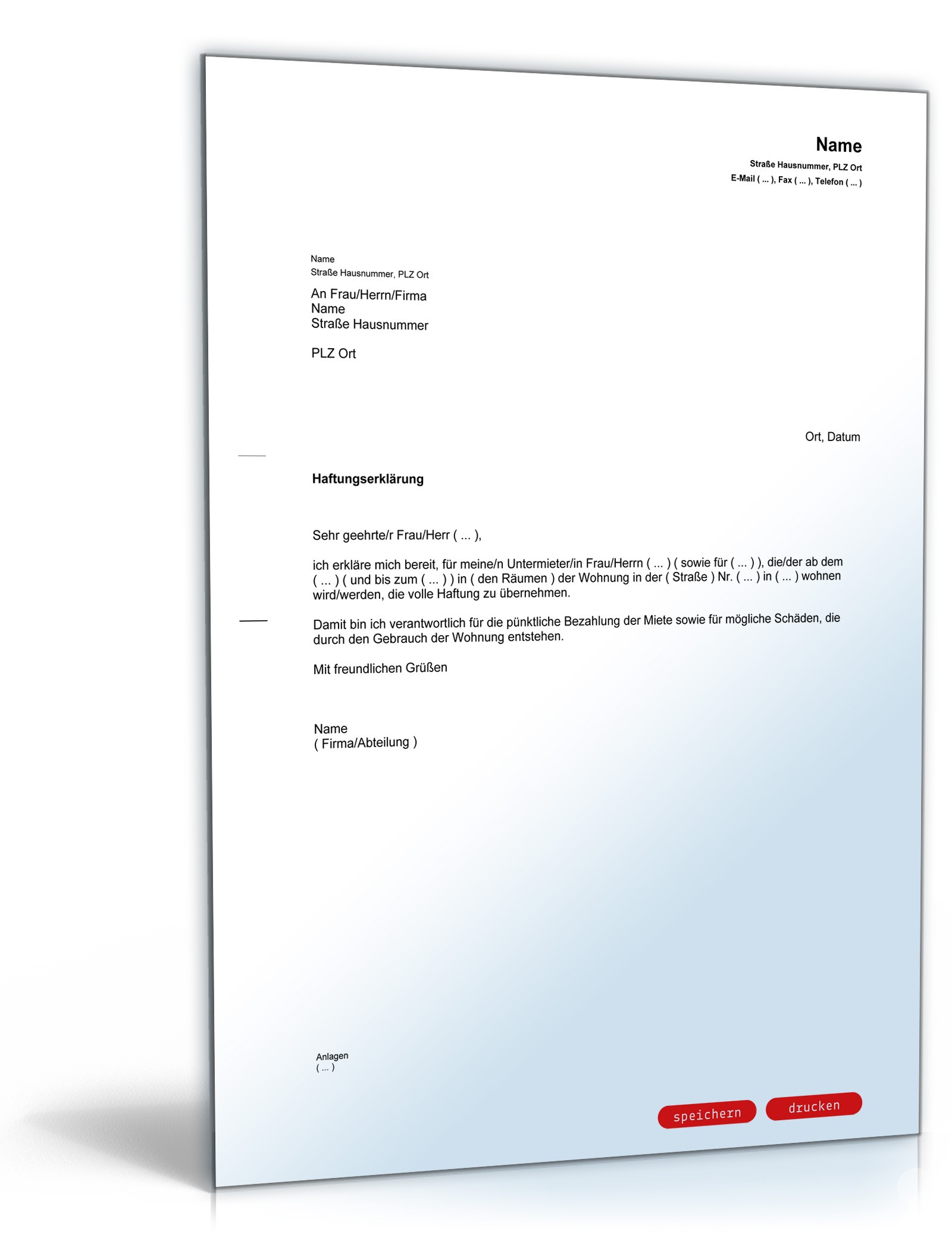 Erklärung des Mieters über die Haftung für den Untermieter PDF