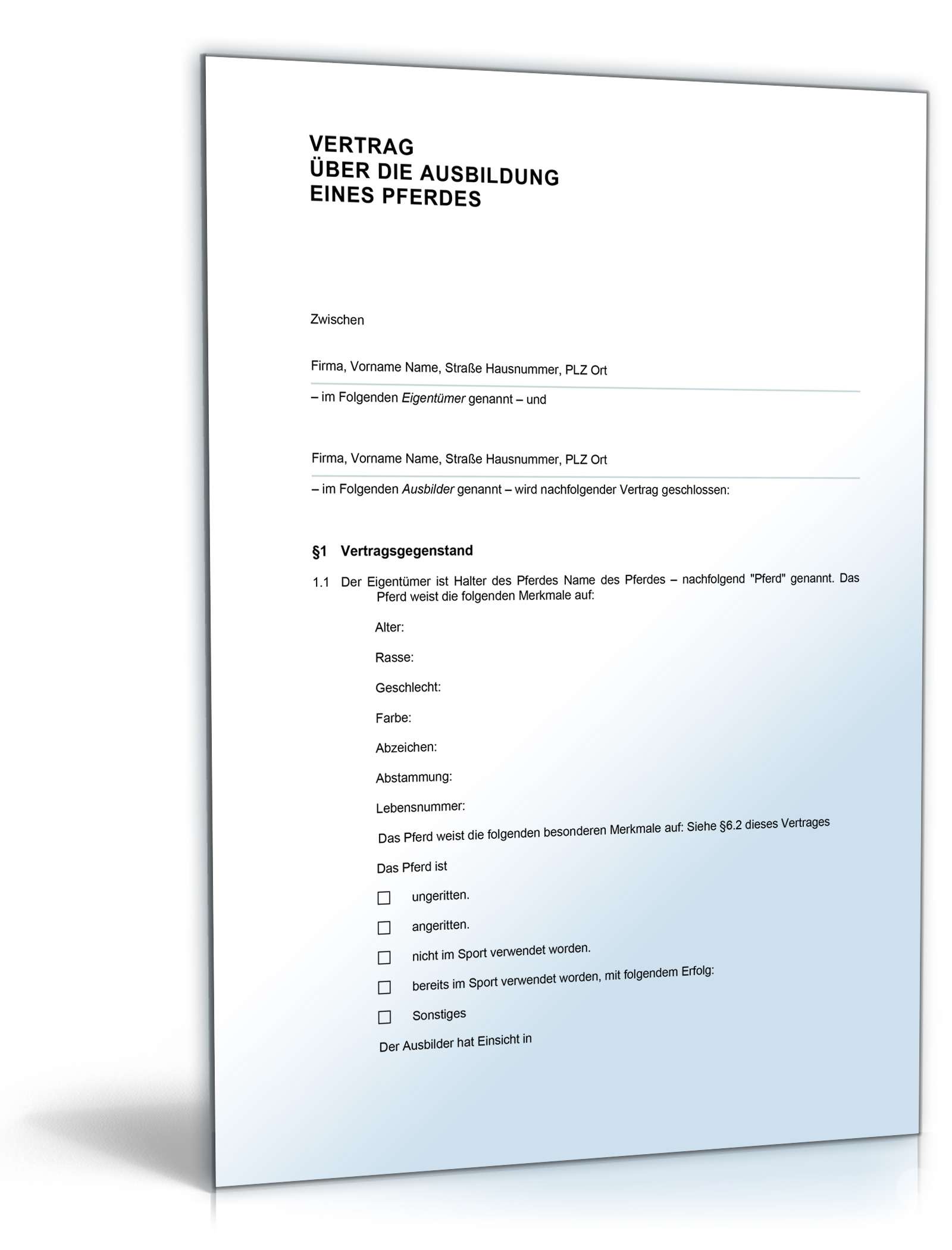 Vertrag Pferdeausbildung Word