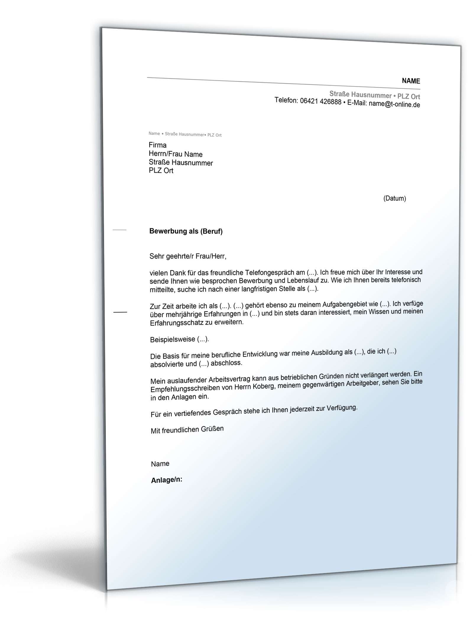 Anschreiben Bewerbung abgeschlossene Ausbildung und Berufserfahrung Excel