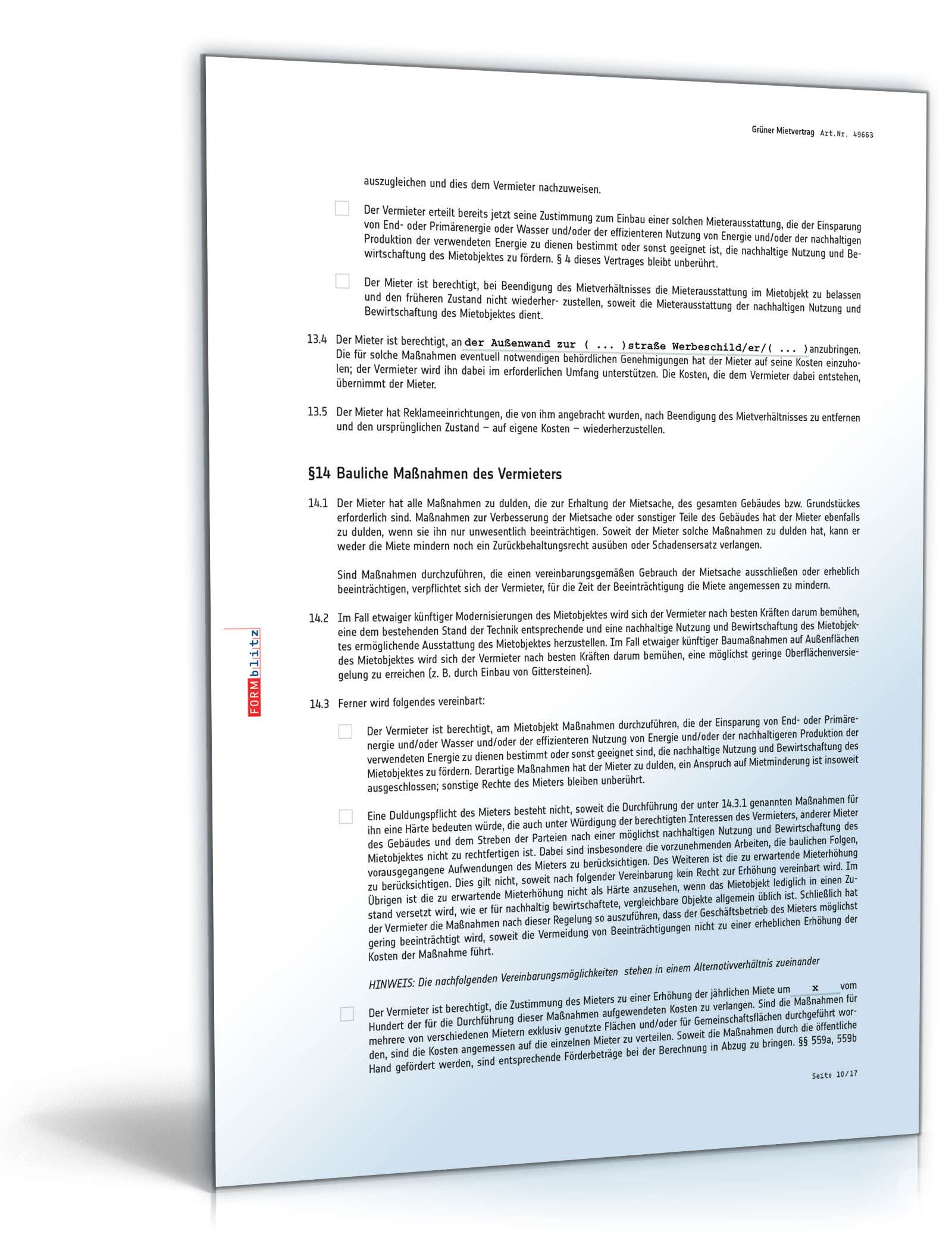 Grüner Mietvertrag für Gewerbe PDF. Seite: 10