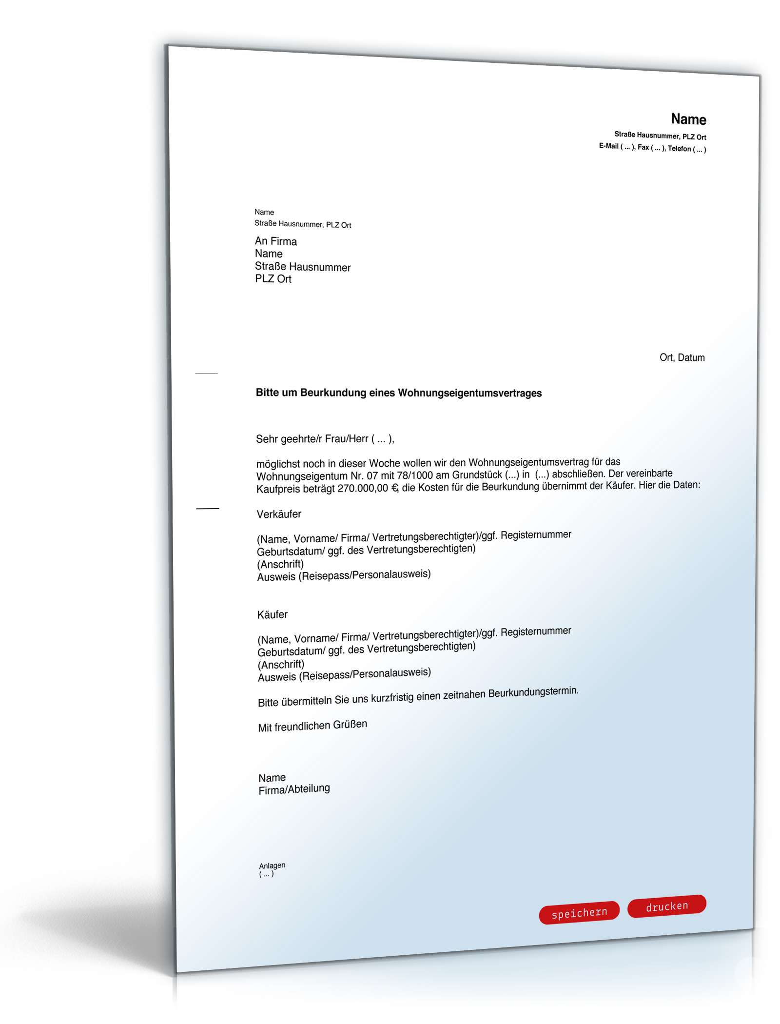 Bitte um Beurkundung eines Wohnungseigentumskaufvertrages PDF