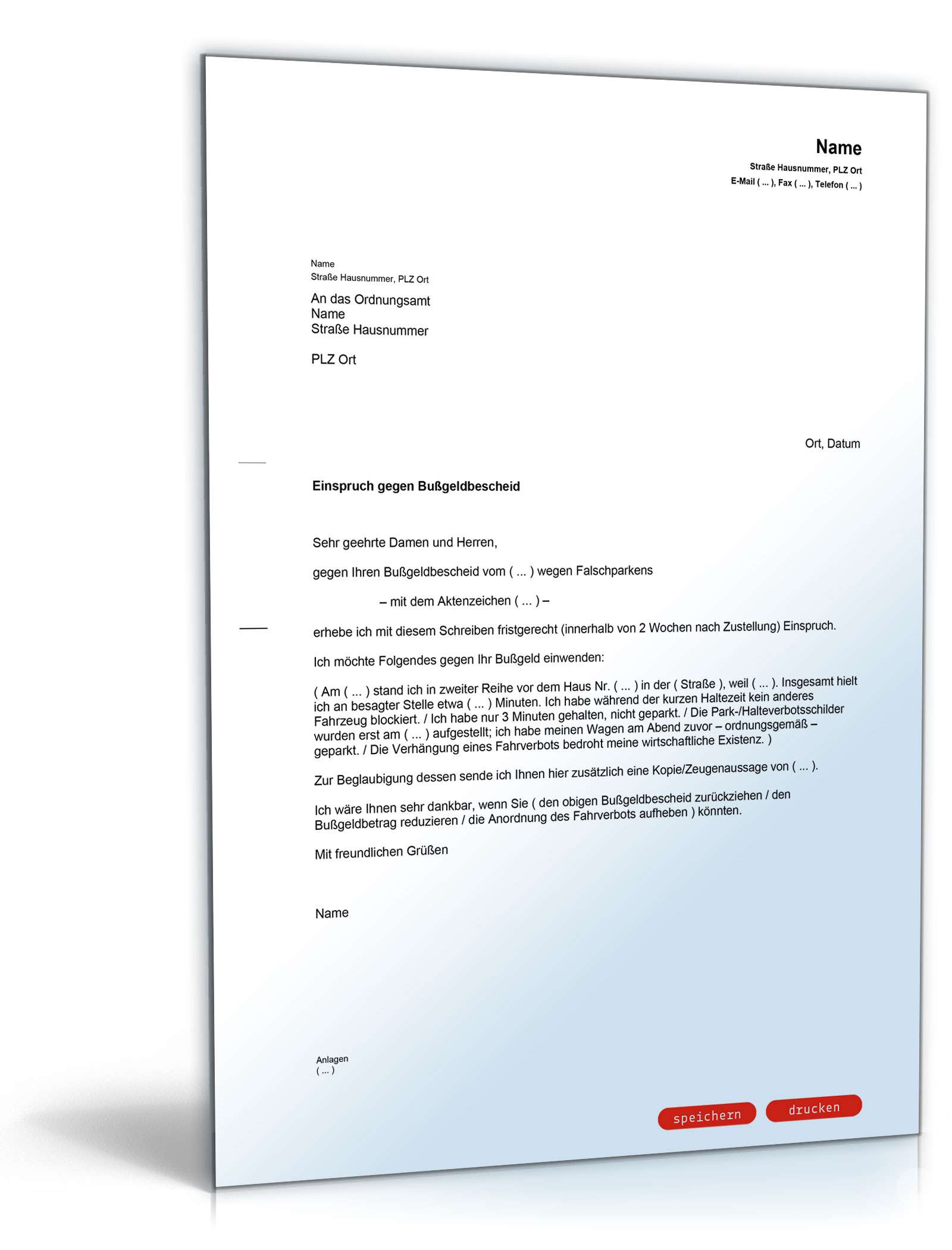 Einspruch Bußgeldbescheid widerrechtliches Parken PDF