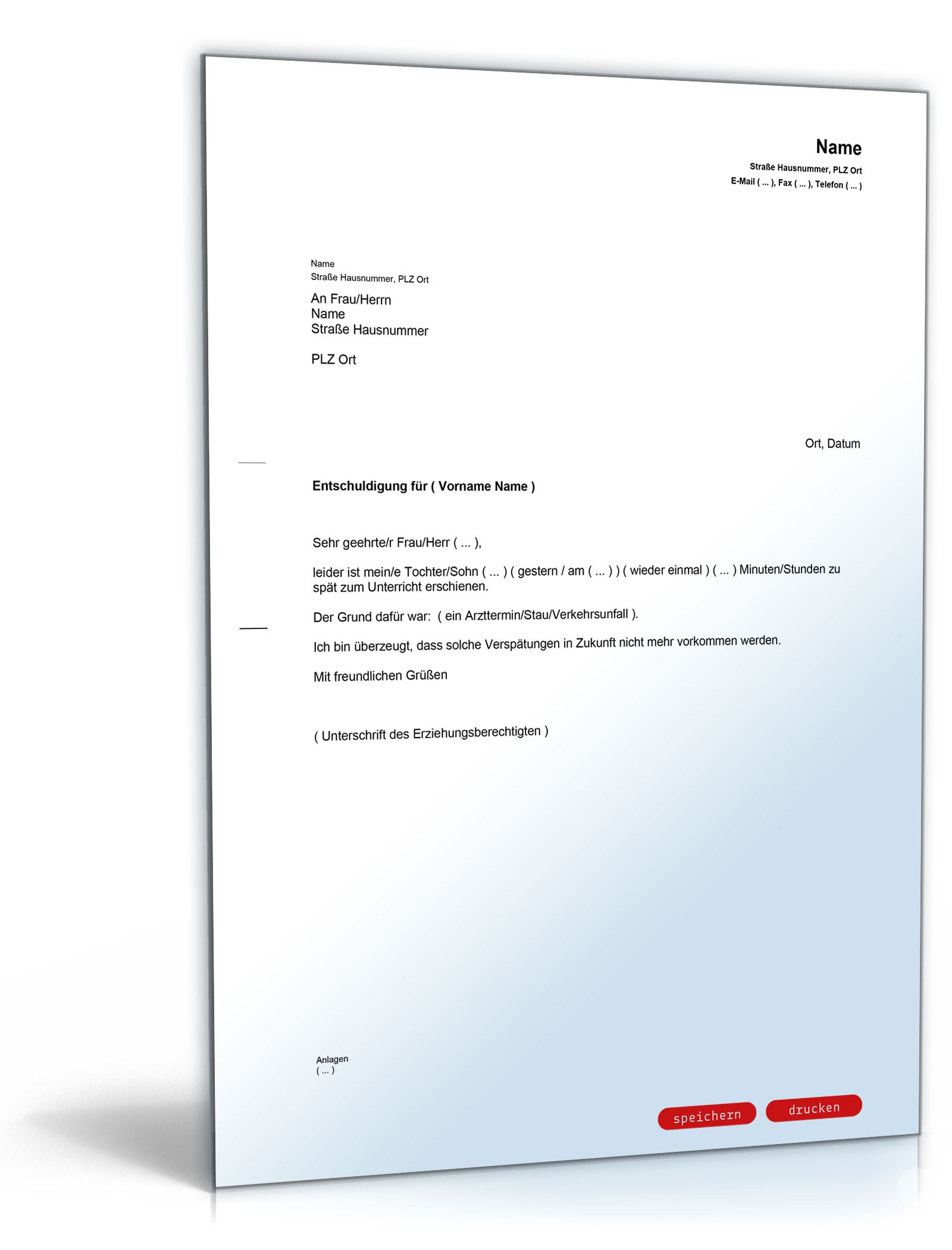 Entschuldigung Schulkind Zuspätkommen PDF