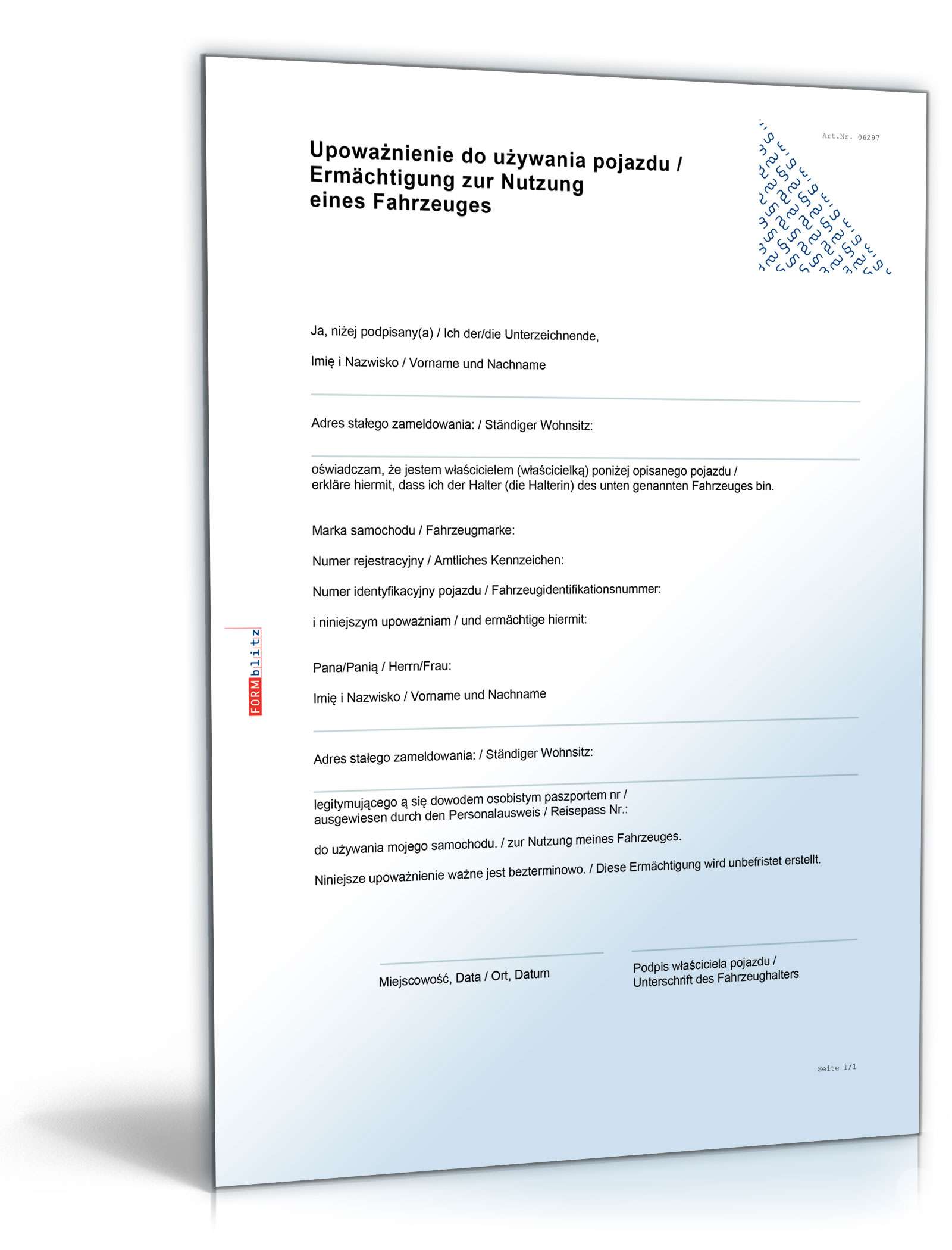 Ermächtigung Fahrzeugnutzung Polen Word