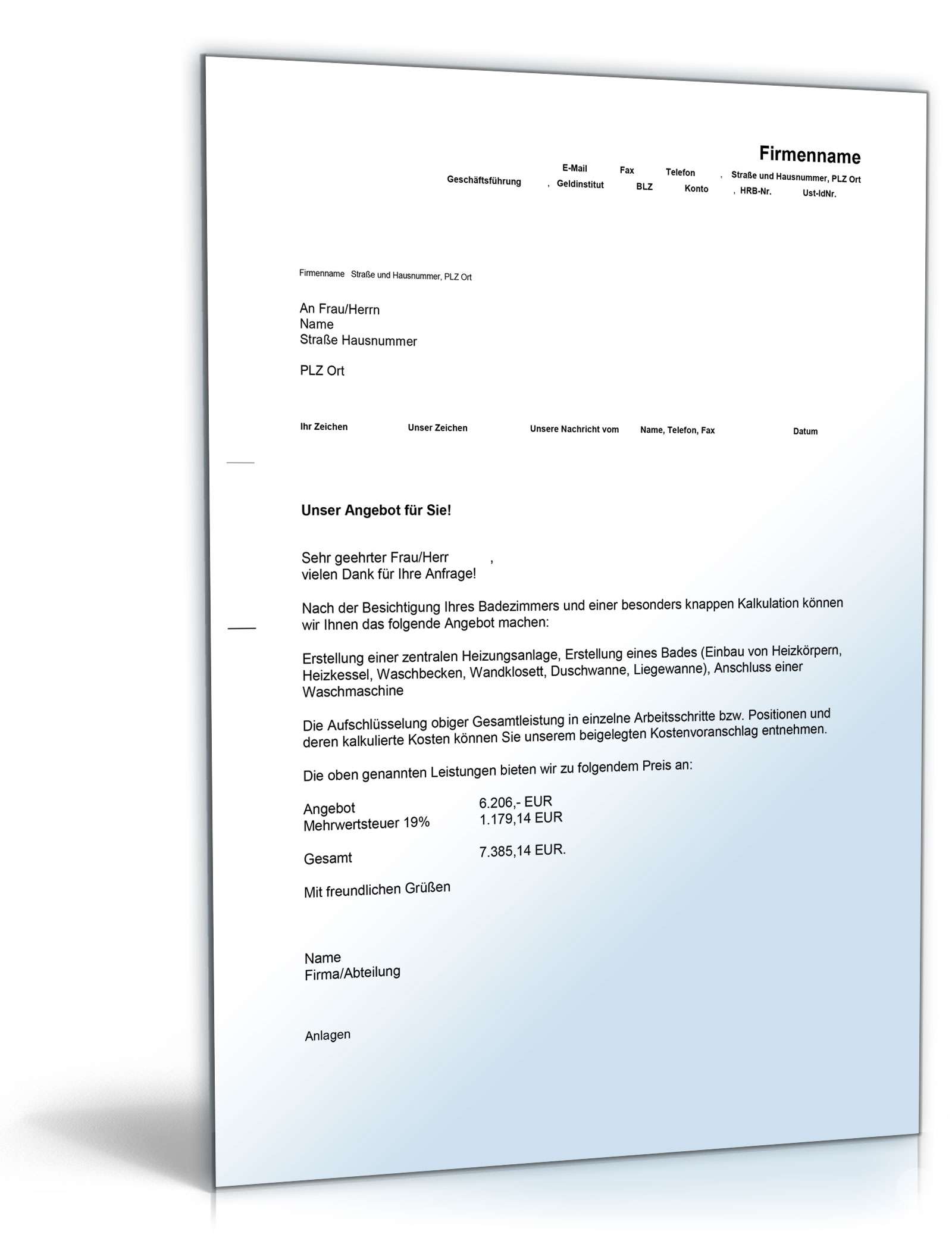Kostenvoranschlag Heizung-, Gas- und Sanitärarbeiten Excel. Seite: 2