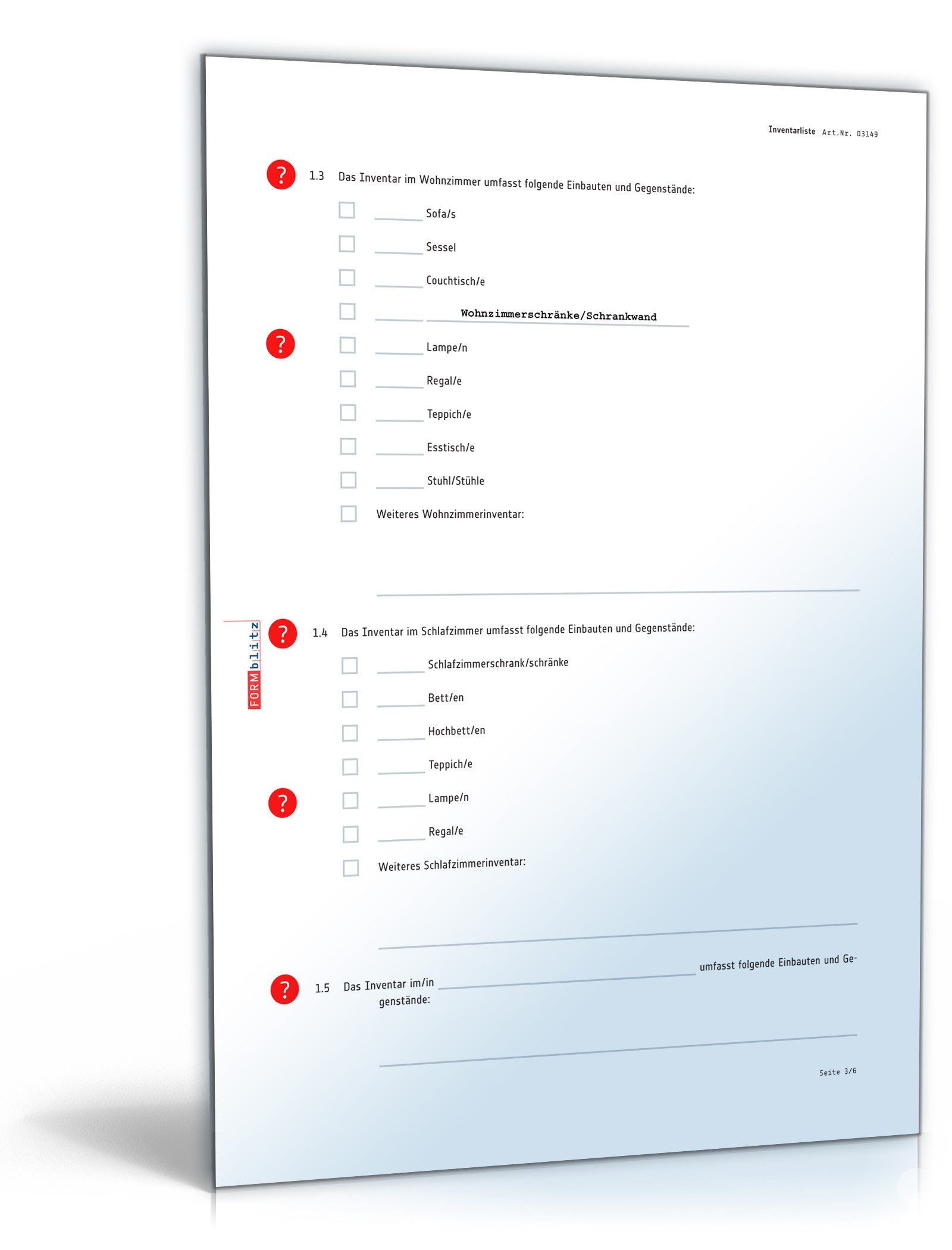 Inventarliste Mietvertrag PDF. Seite: 3