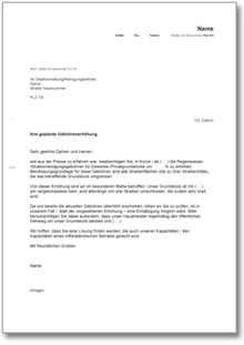 Schreiben an die Gemeinde wegen zu hoher Straßenreinigungsgebühren Word