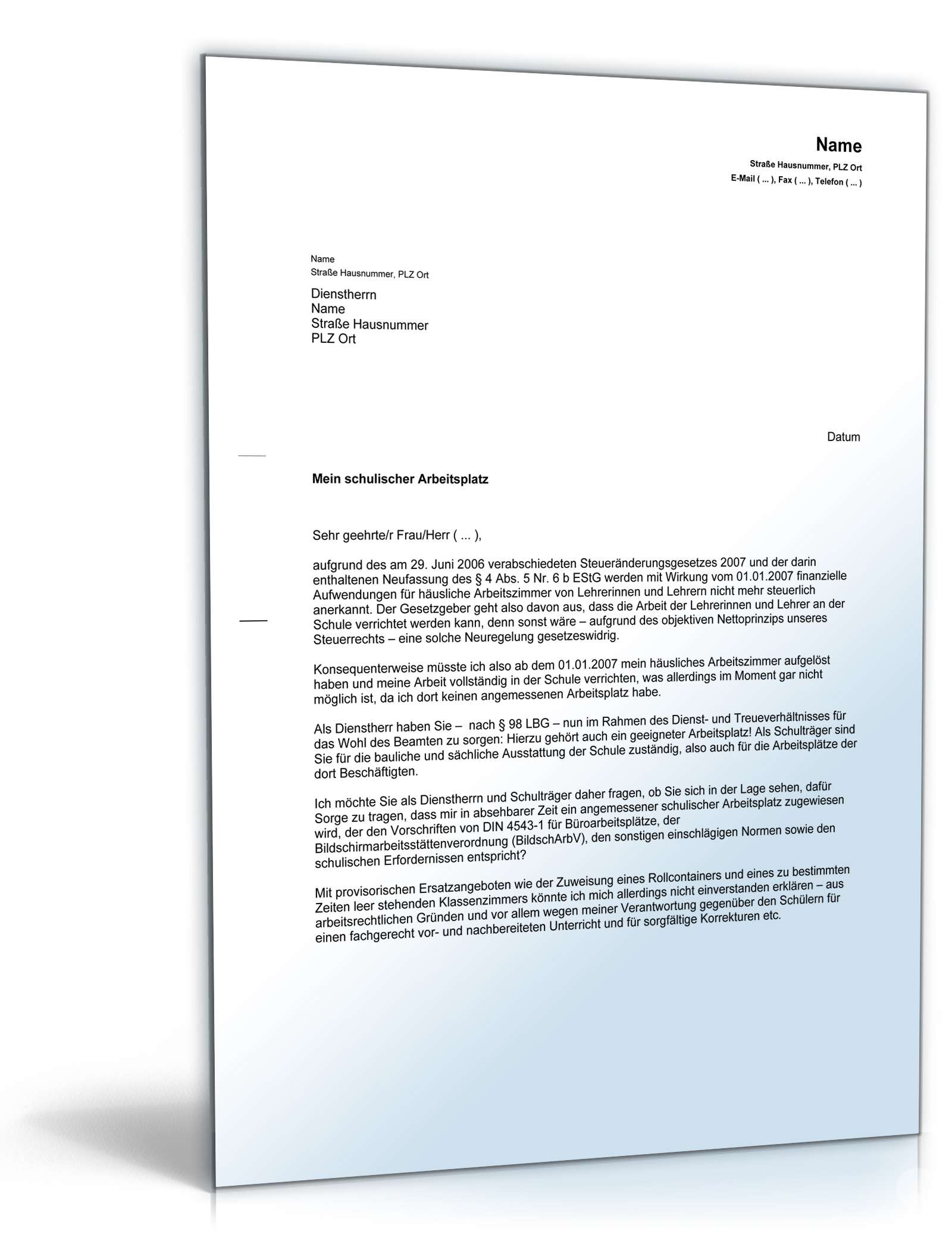 Bitte um Zuweisung schulisches Arbeitszimmer PDF