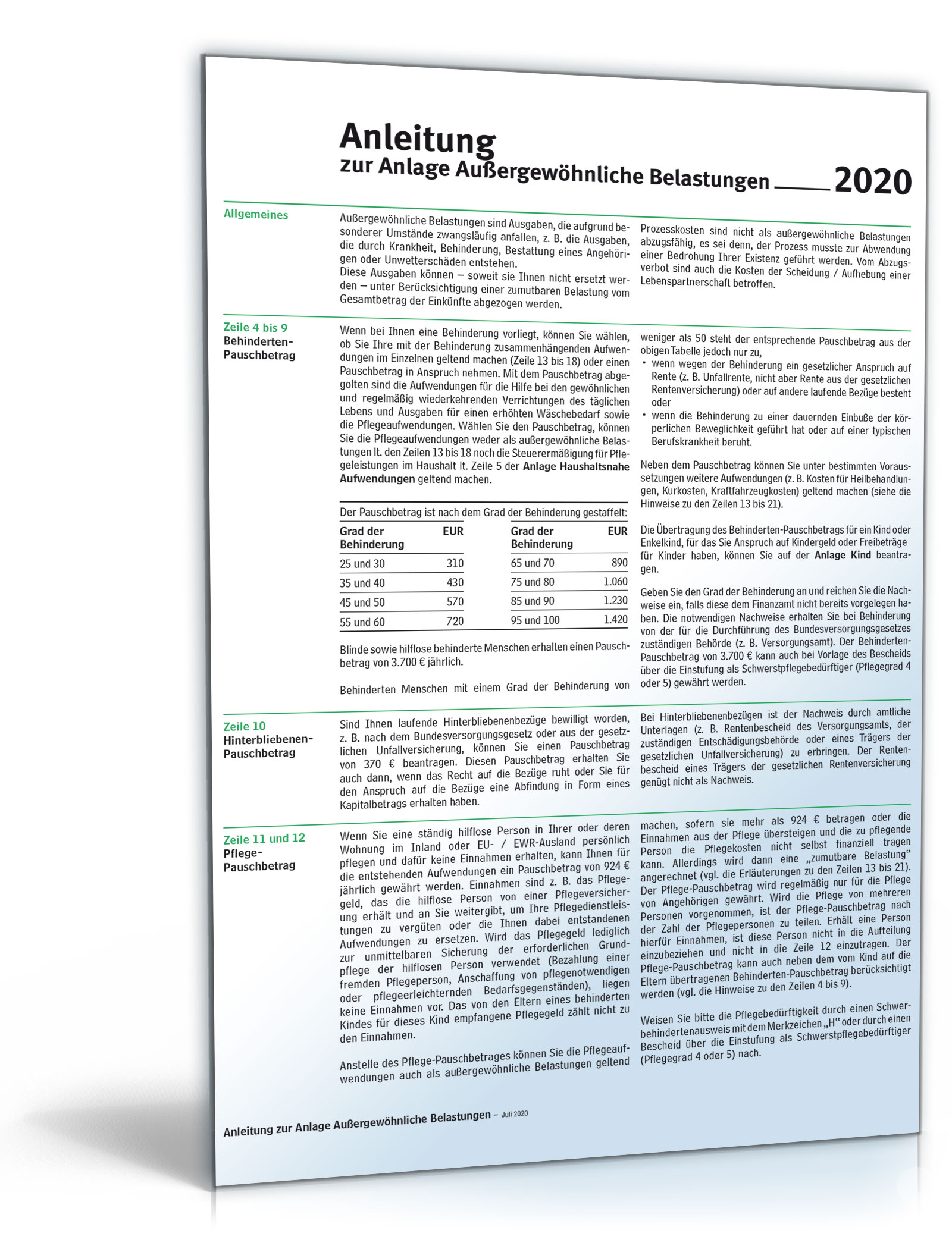 Anleitung Anlage außergewöhnliche Belastungen 2020 PDF