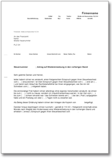 Einspruch gegen Steuerbescheid und Antrag auf Wiedereinsetzung Word