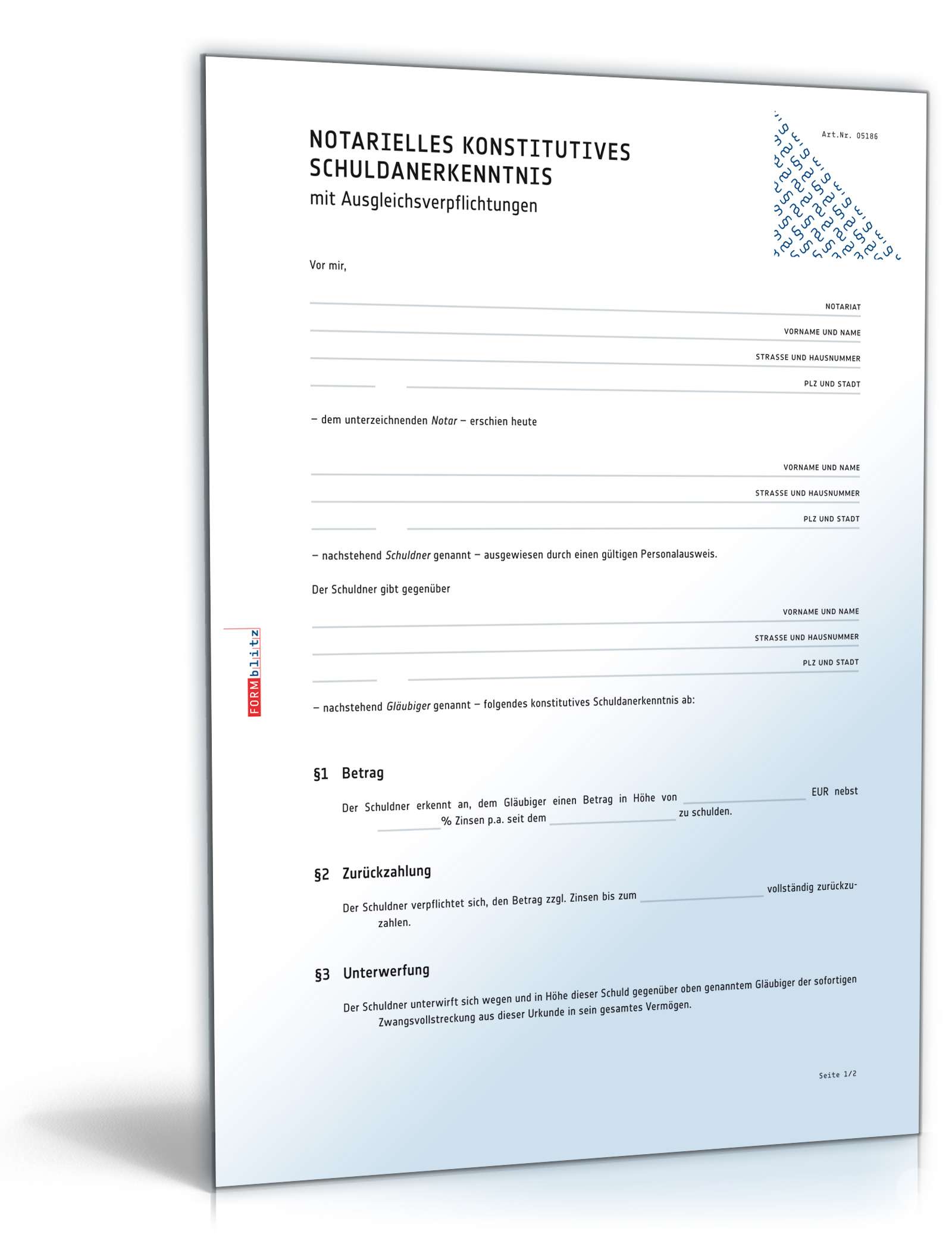 Notarielles konstitutives Schuldanerkenntnis mit Ausgleichsverpflichtung PDF