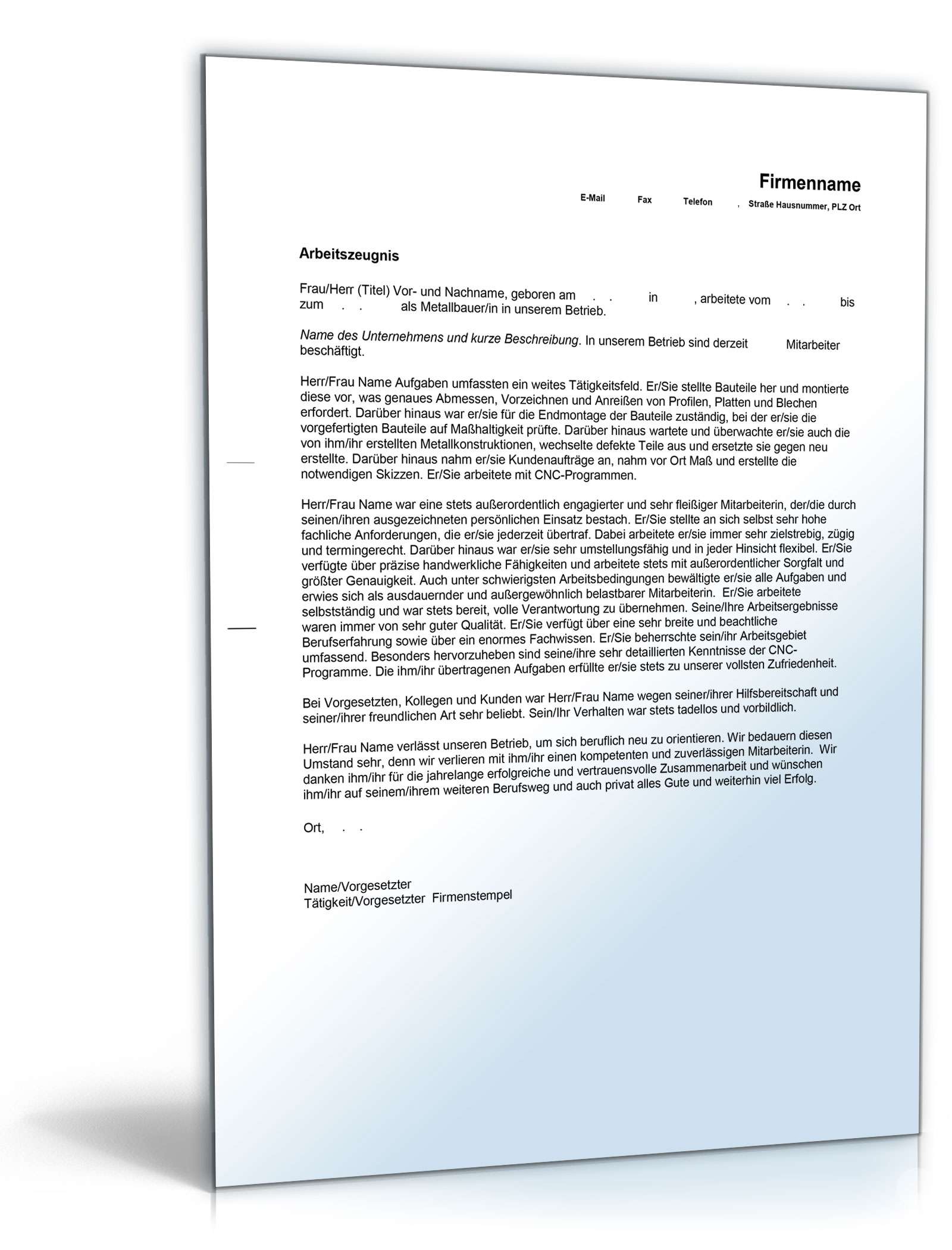 Arbeitszeugnis Metallbauer Excel. Seite: 4