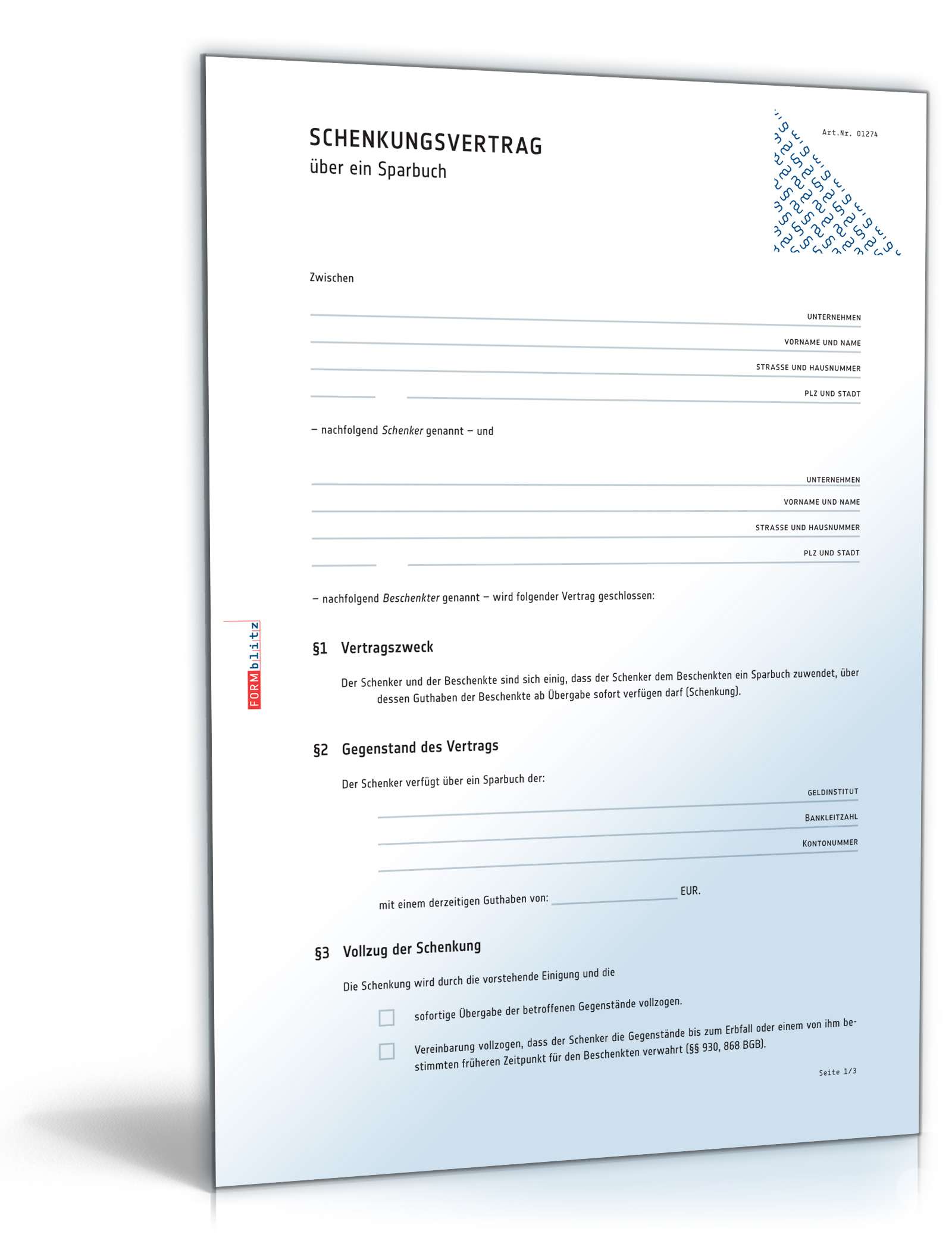 Schenkungsvertrag Sparbuch PDF