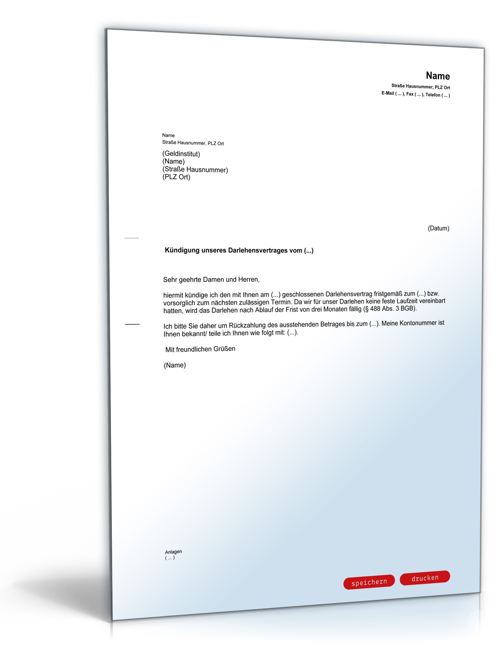 Fristgemäße Kündigung Darlehensvertrag durch Darlehensgeber