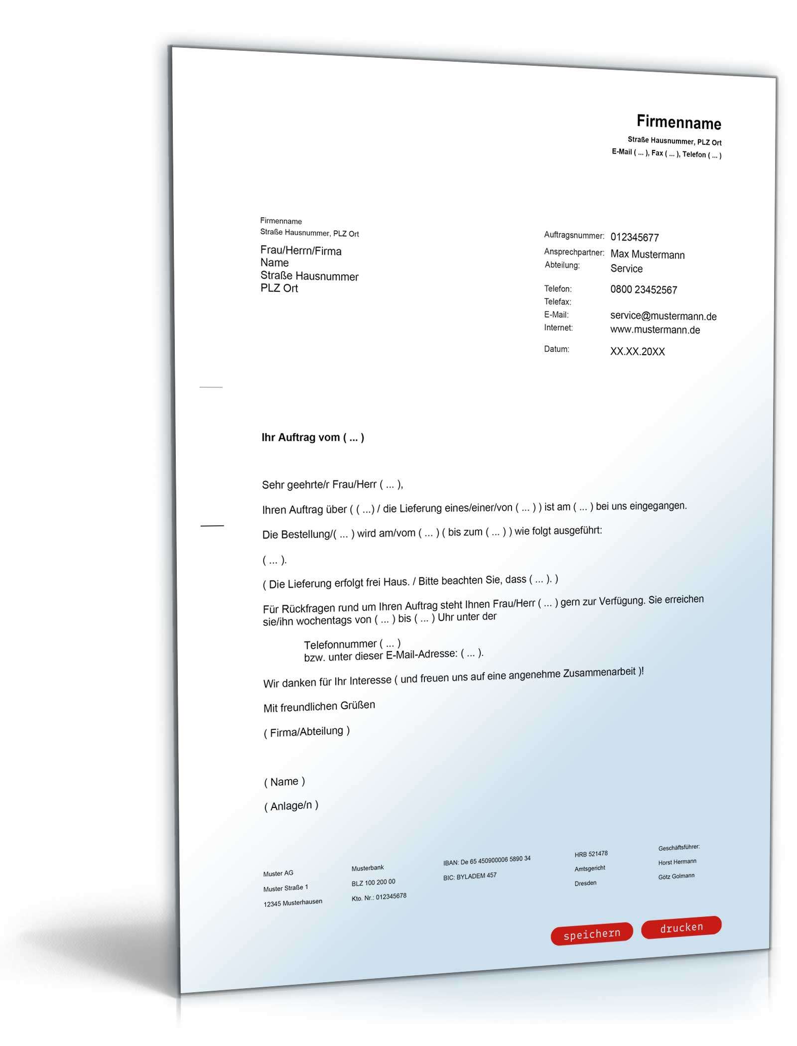 Auftragsbestätigung an einen Kunden PDF